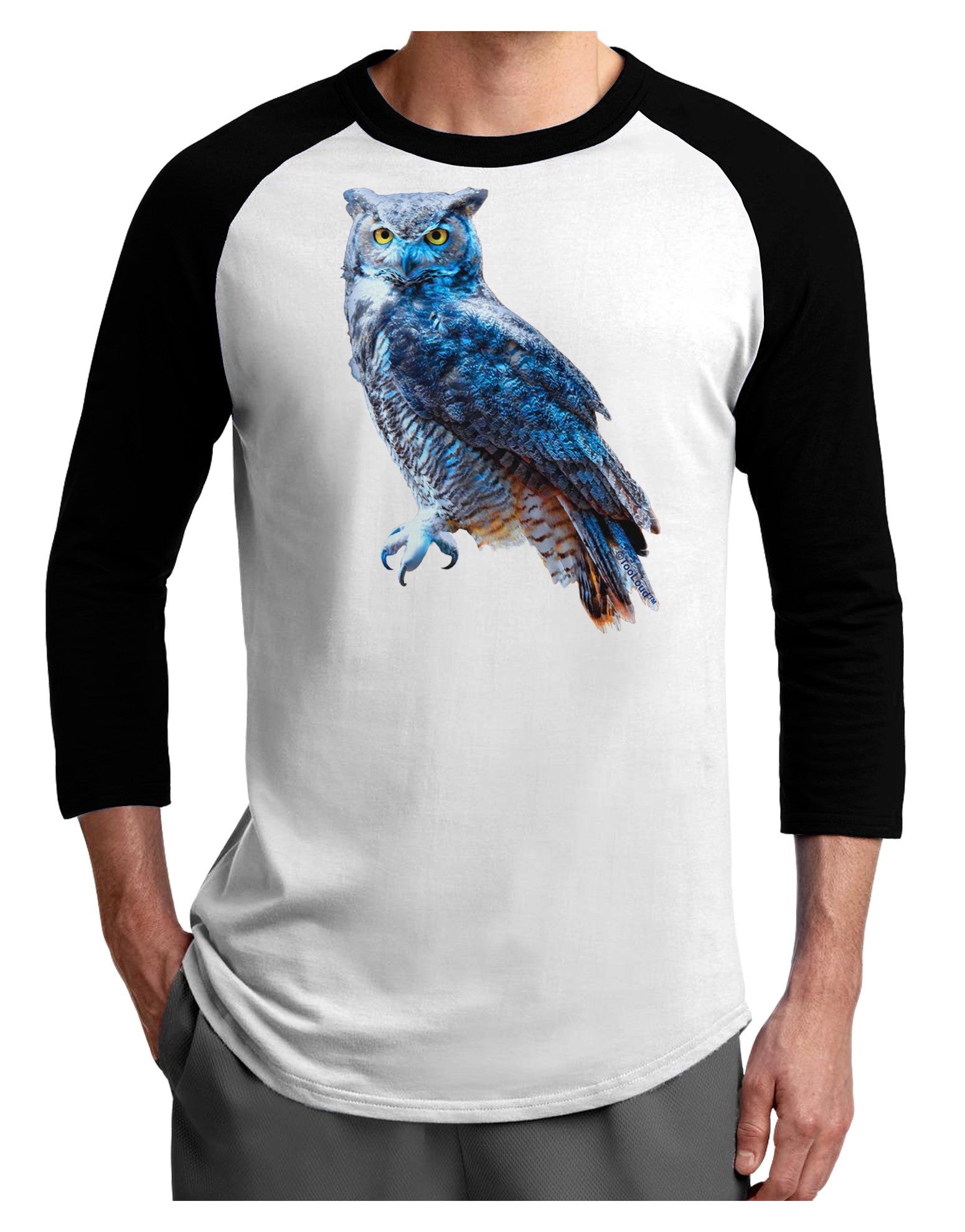 Colorful Great Horned Owl Adult Raglan Shirt-TooLoud-White-Black-X-Small-Davson Sales