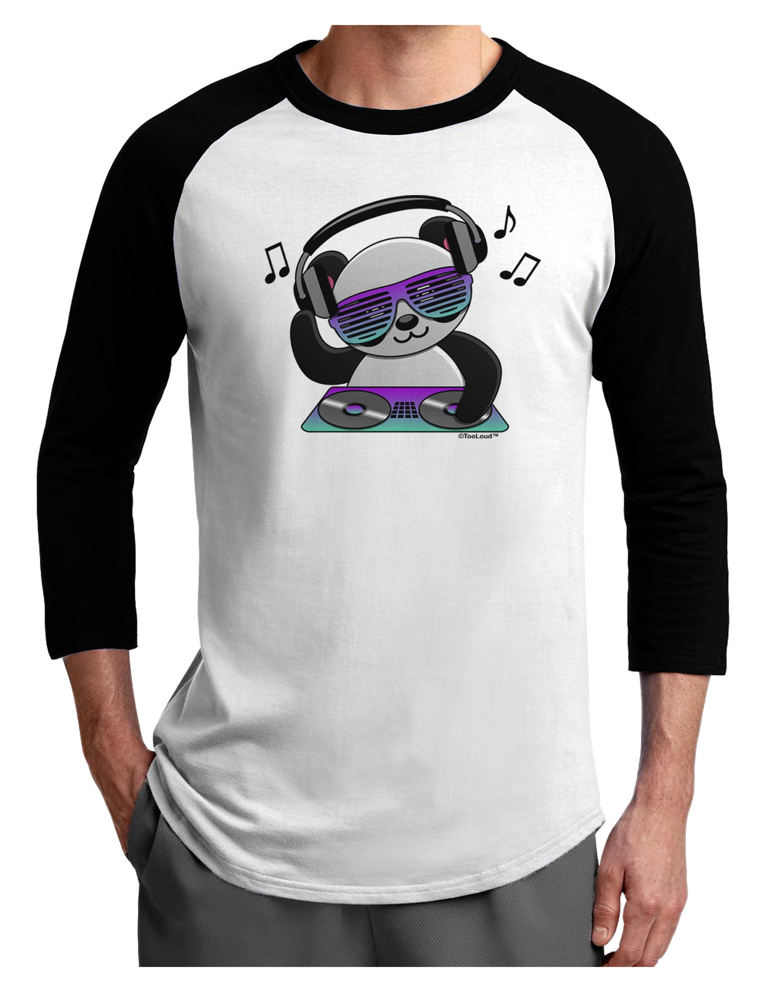 Panda DJ Adult Raglan Shirt-TooLoud-White-Black-X-Small-Davson Sales