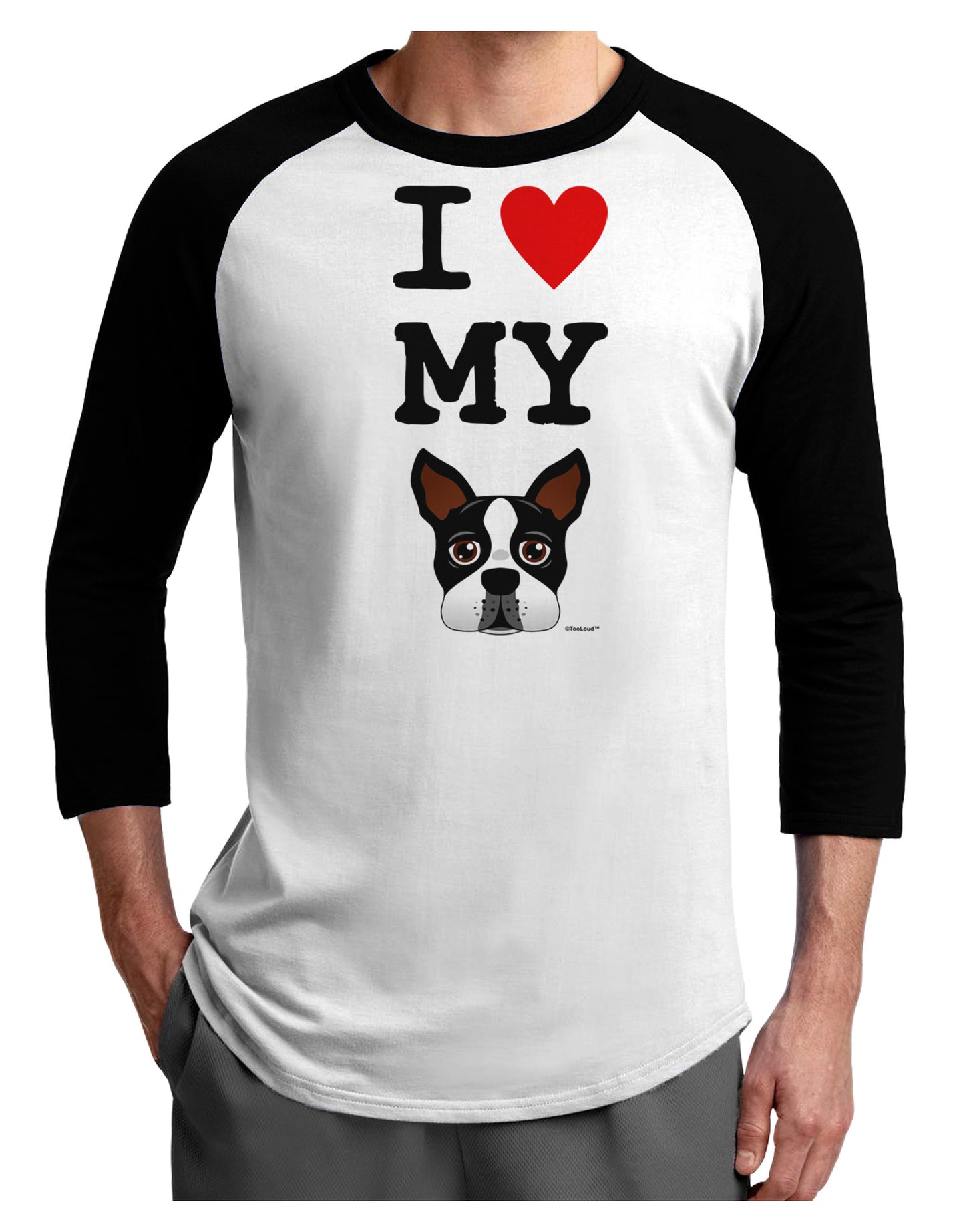 I Heart My Boston Terrier Adult Raglan Shirt-TooLoud-White-Black-X-Small-Davson Sales