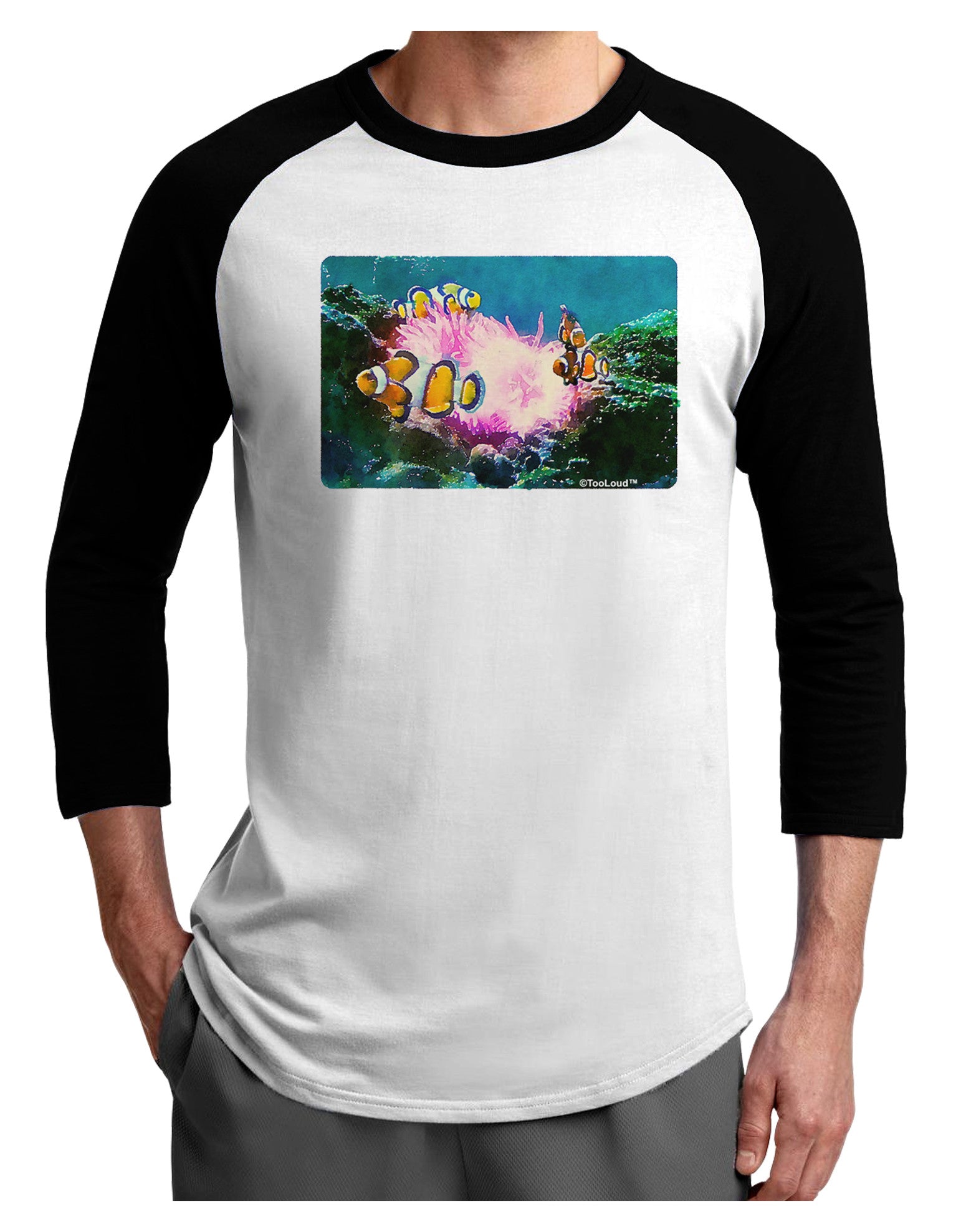 Clownfish Watercolor Adult Raglan Shirt-TooLoud-White-Black-X-Small-Davson Sales