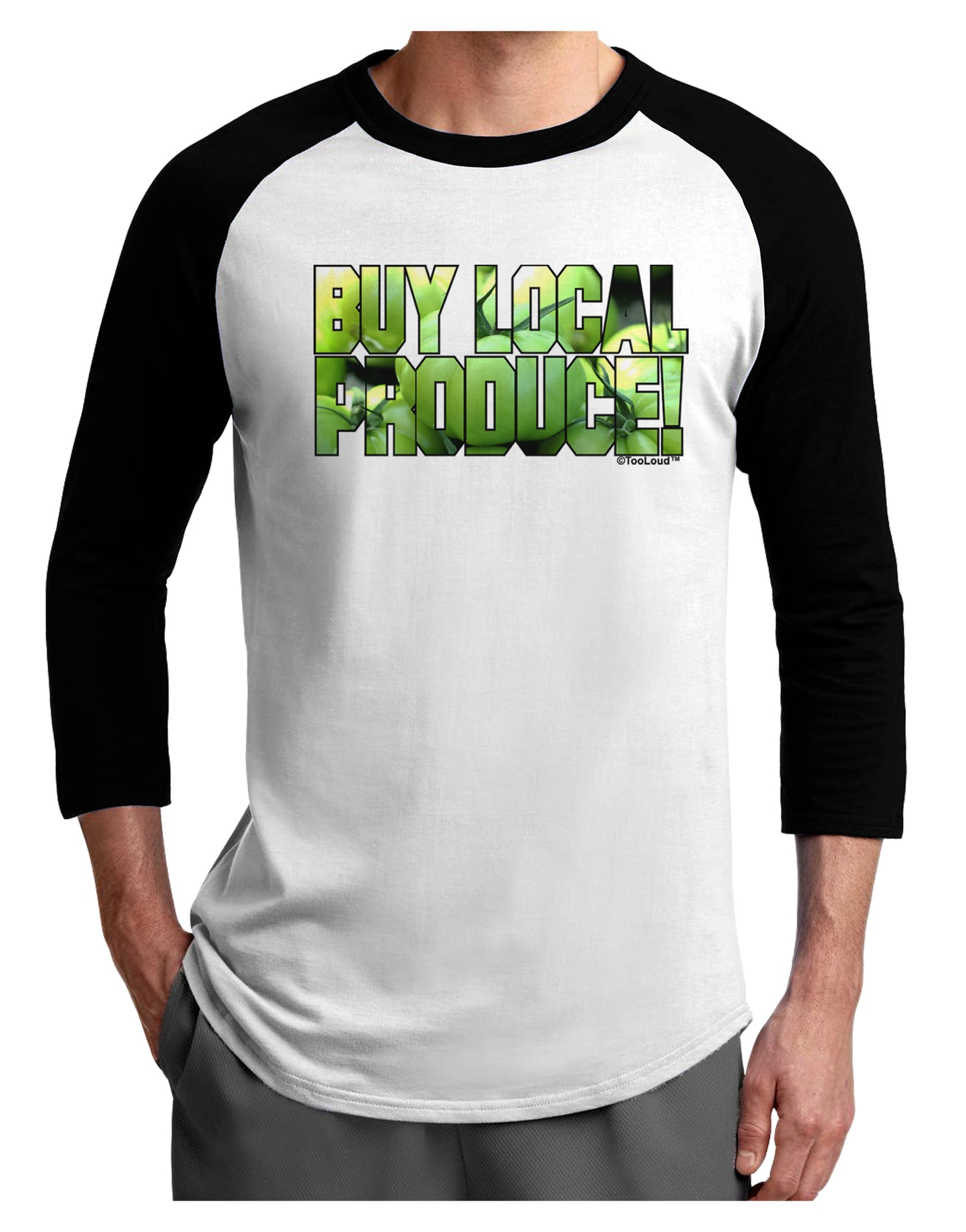 Buy Local - Green Tomatoes Text Adult Raglan Shirt-TooLoud-White-Black-X-Small-Davson Sales