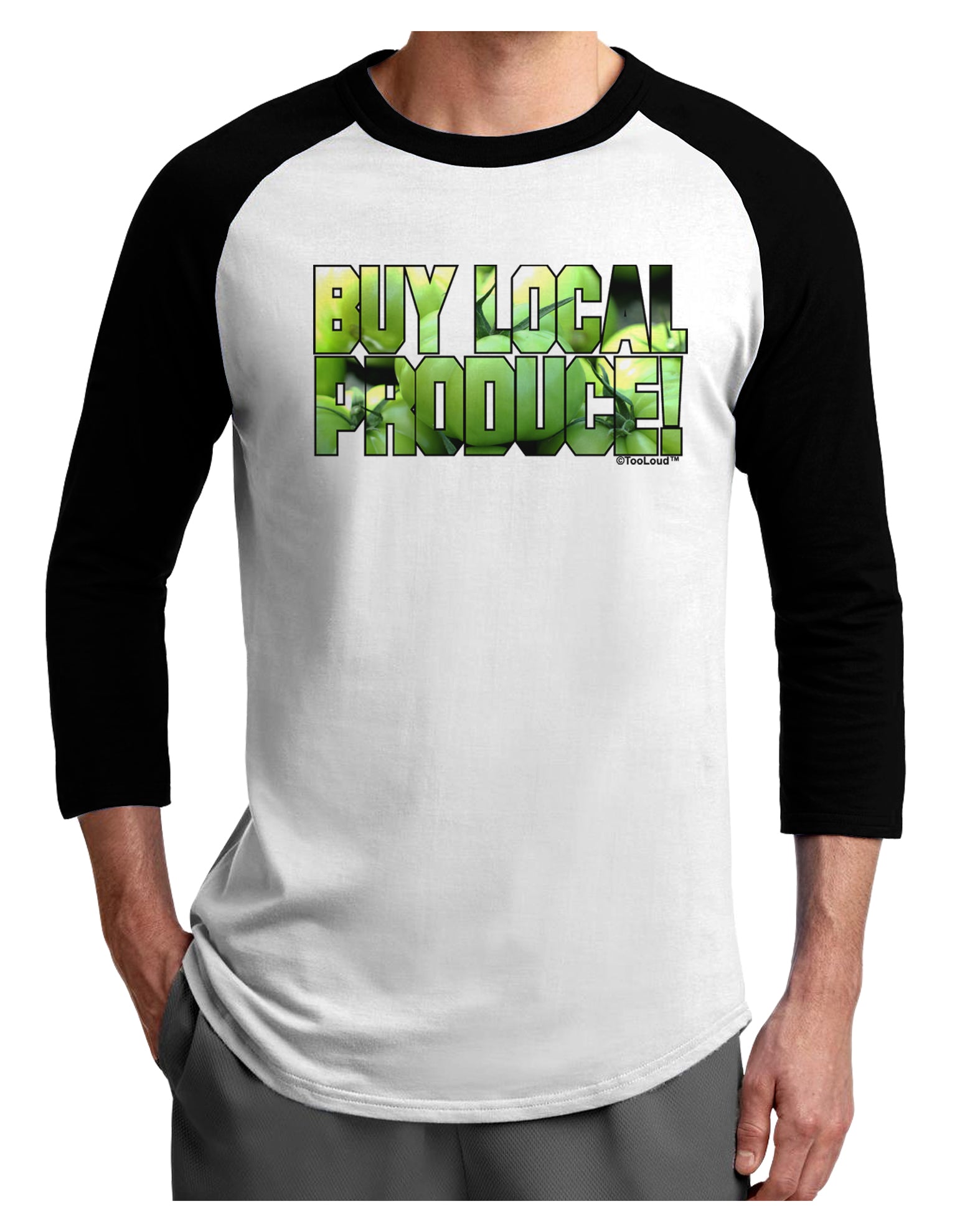 Buy Local - Green Tomatoes Text Adult Raglan Shirt-TooLoud-White-Black-X-Small-Davson Sales
