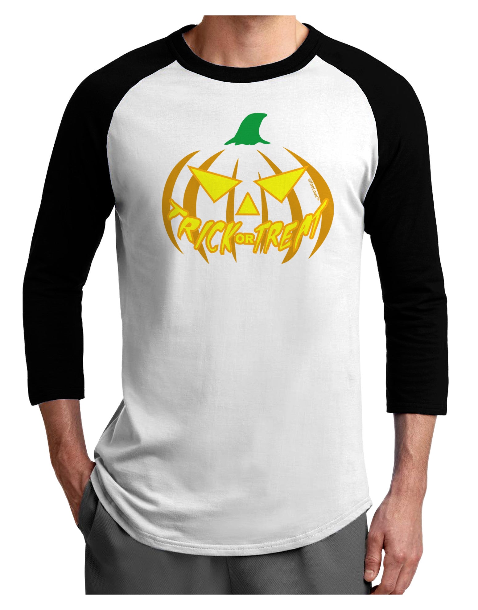 Trick or Treat Jack Yellow Adult Raglan Shirt-Raglan Shirt-TooLoud-White-Black-X-Small-Davson Sales
