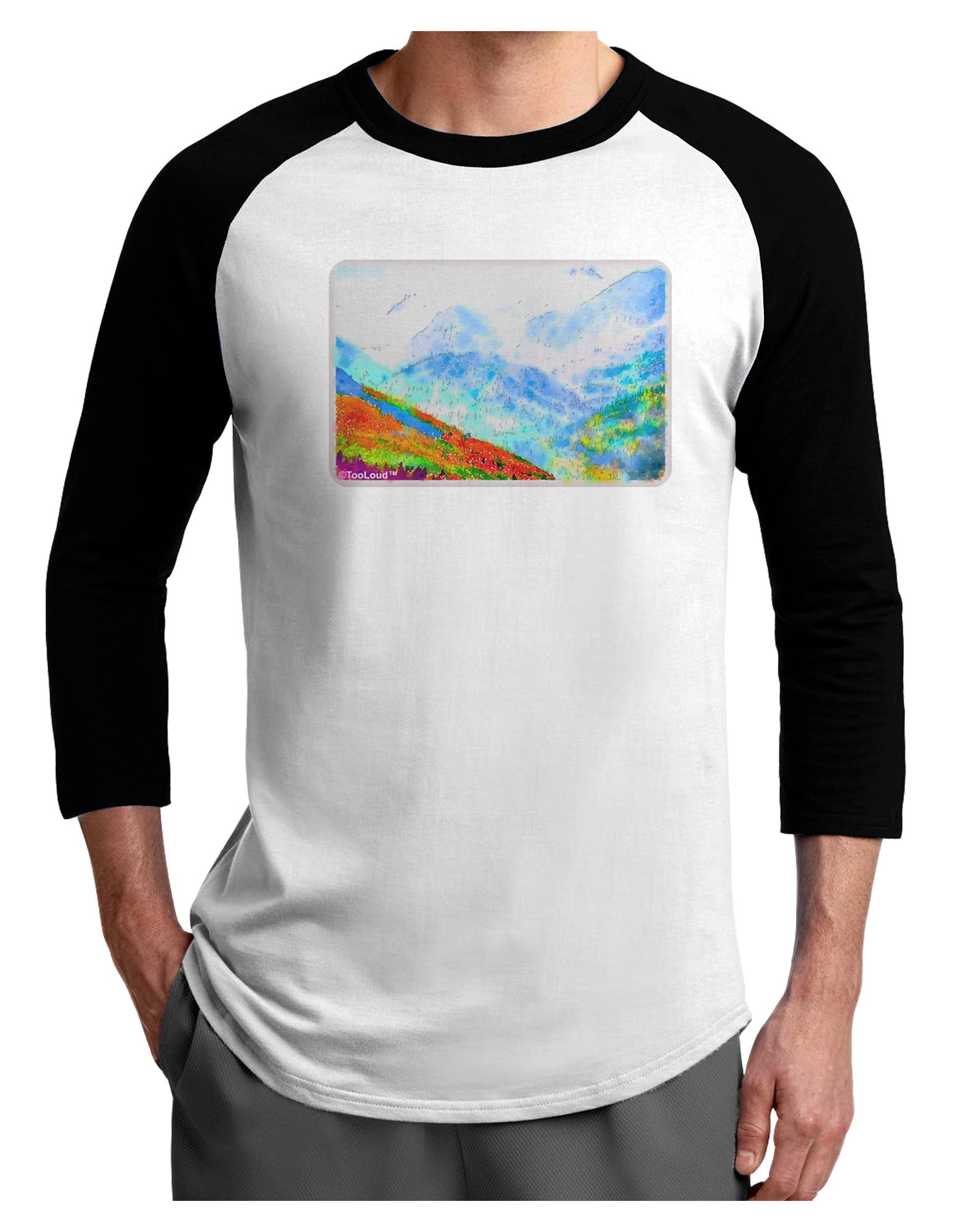 CO Fog Mountains Watercolor Adult Raglan Shirt-Raglan Shirt-TooLoud-White-Black-X-Small-Davson Sales