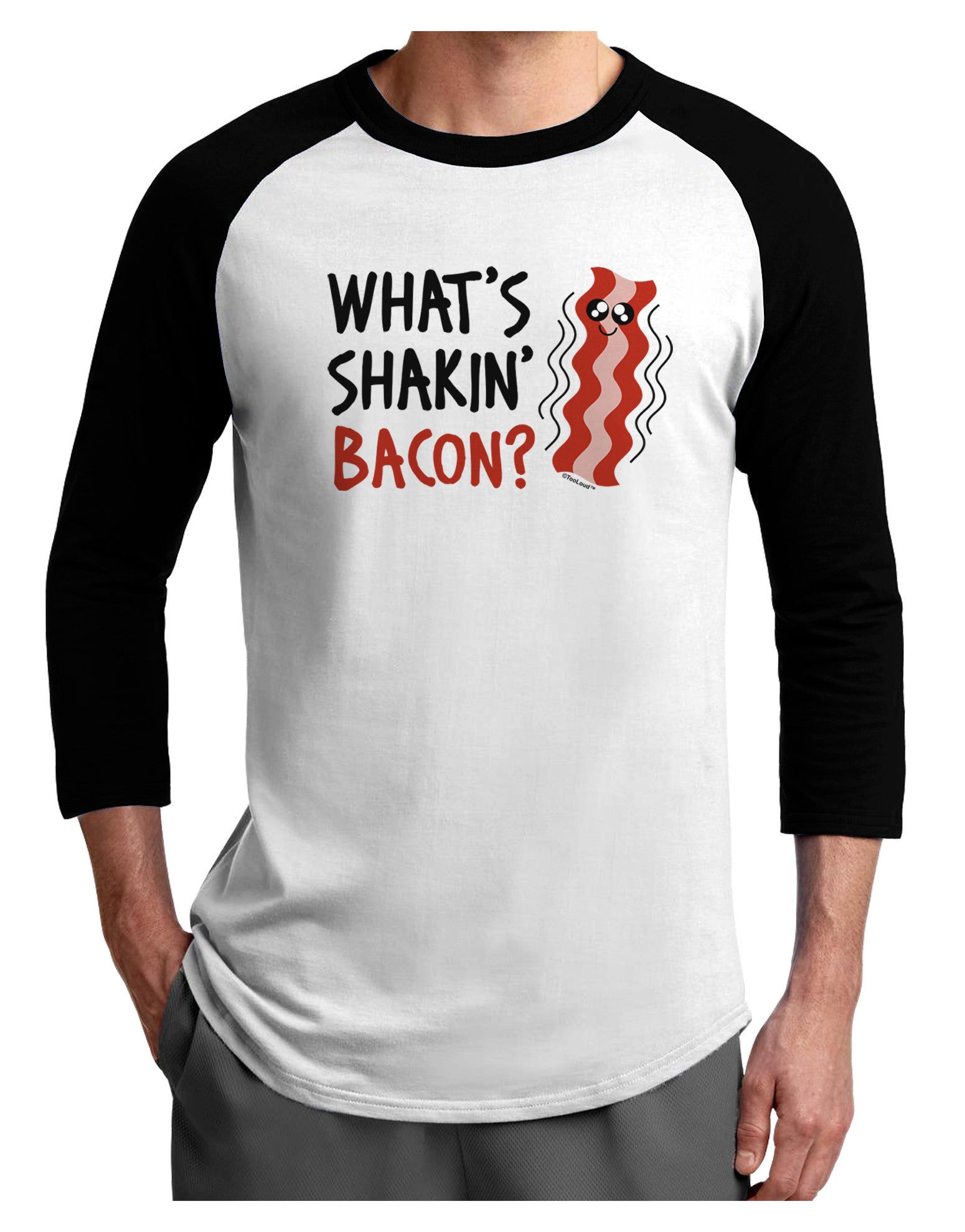 What's Shakin' Bacon Adult Raglan Shirt-Raglan Shirt-TooLoud-White-Black-X-Small-Davson Sales