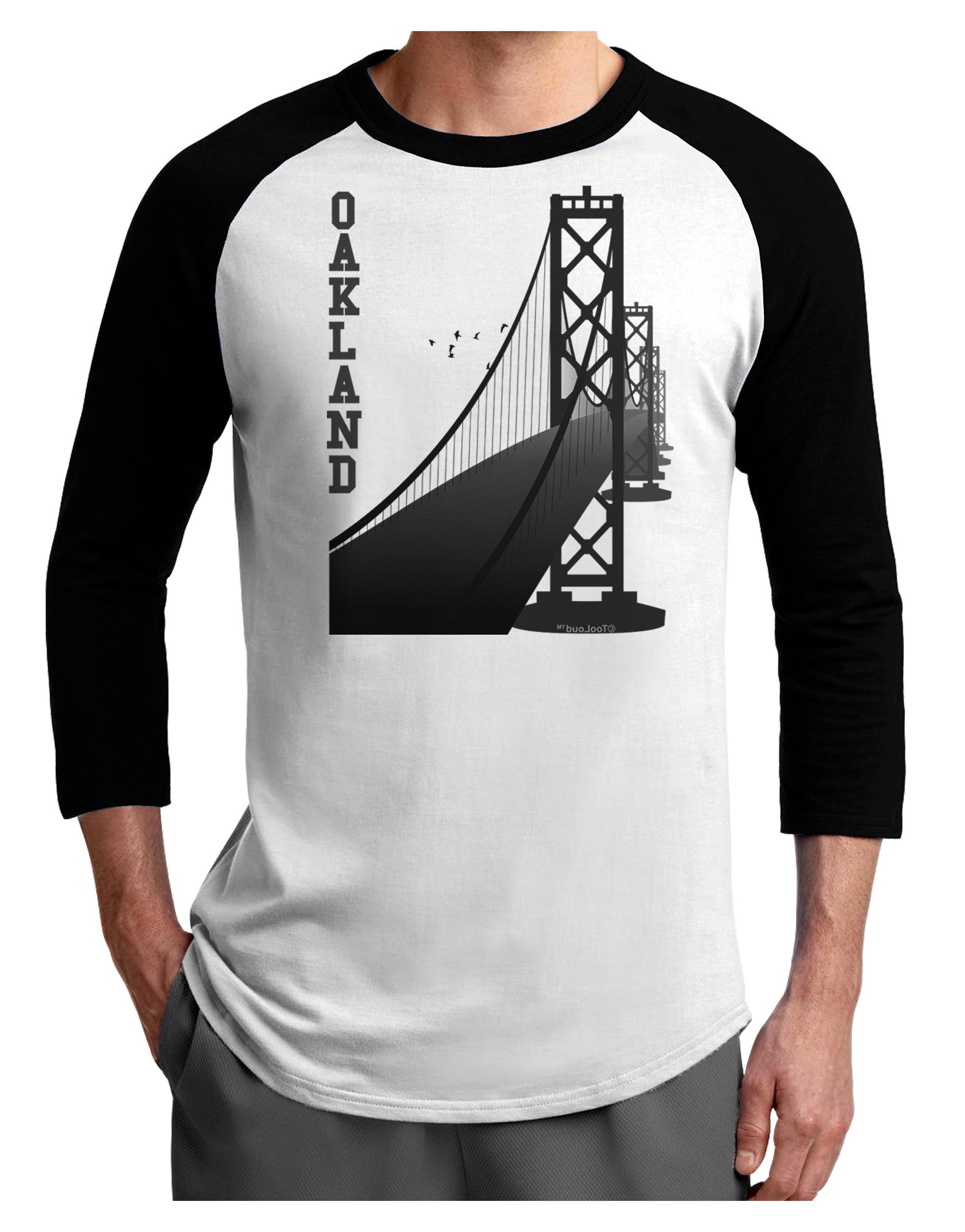 Oakland Text Bay Bridge Adult Raglan Shirt-Raglan Shirt-TooLoud-White-Black-X-Small-Davson Sales