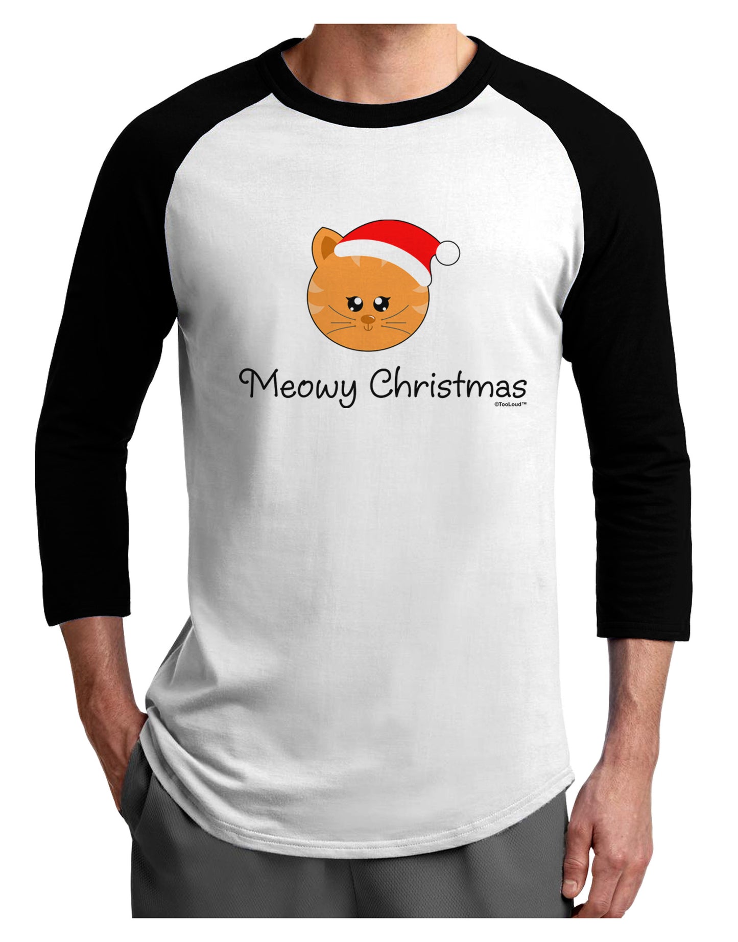Meowy Christmas Cute Cat Santa Hat Adult Raglan Shirt-TooLoud-White-Black-X-Small-Davson Sales