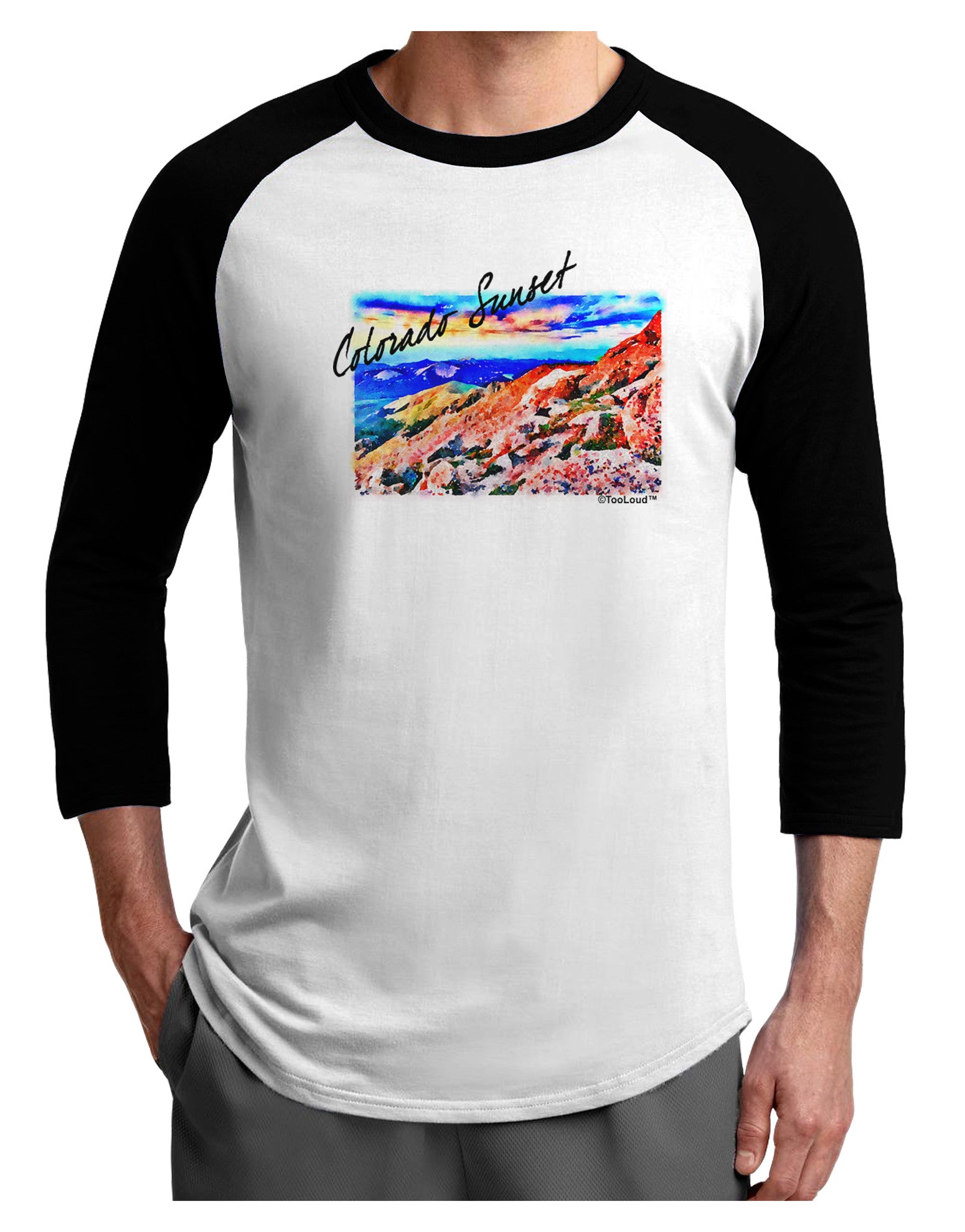 Colorado Mtn Sunset Bold WaterColor Adult Raglan Shirt-Raglan Shirt-TooLoud-White-Black-X-Small-Davson Sales