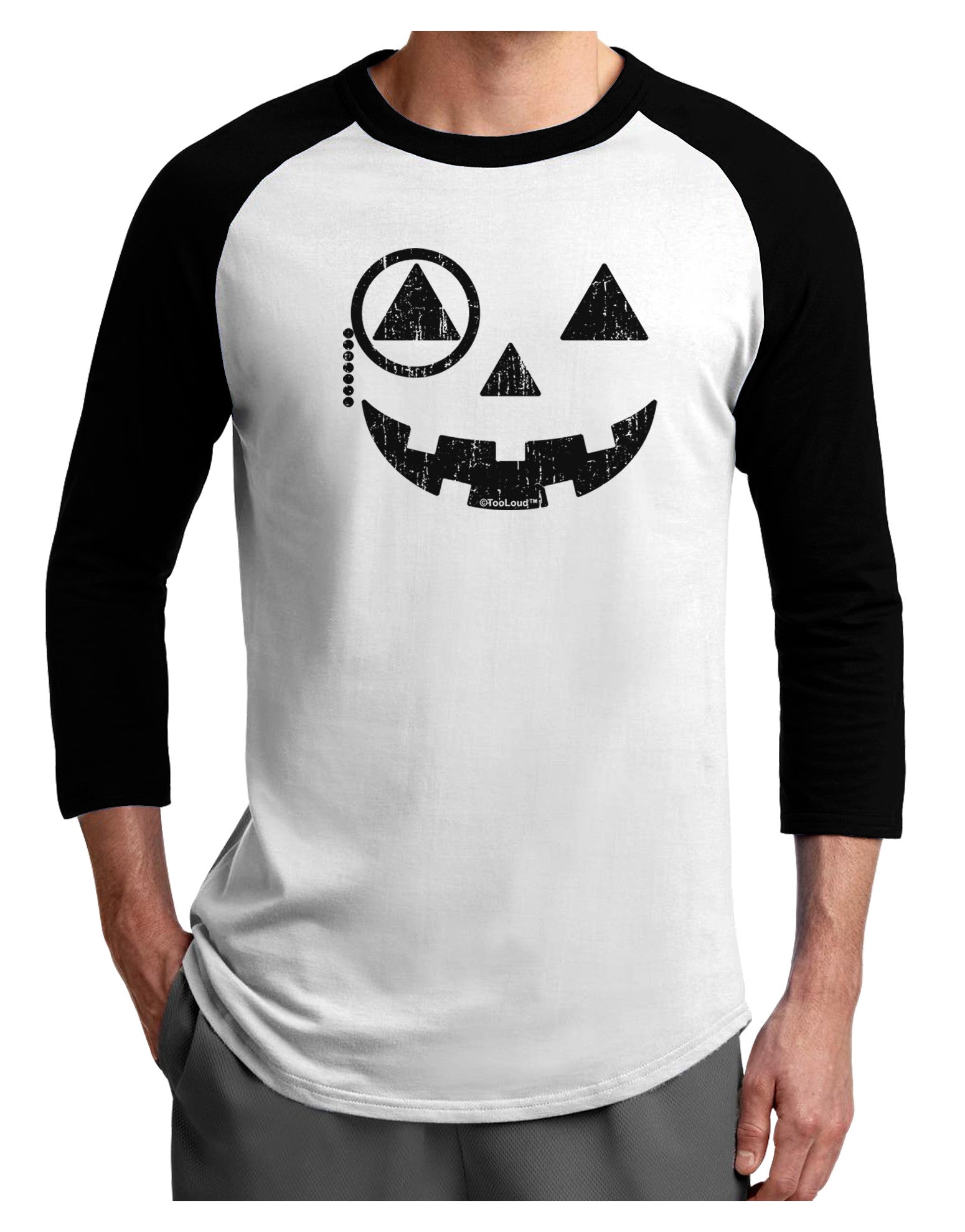 Monocle Jack-o-Lantern Distressed Adult Raglan Shirt-TooLoud-White-Black-X-Small-Davson Sales