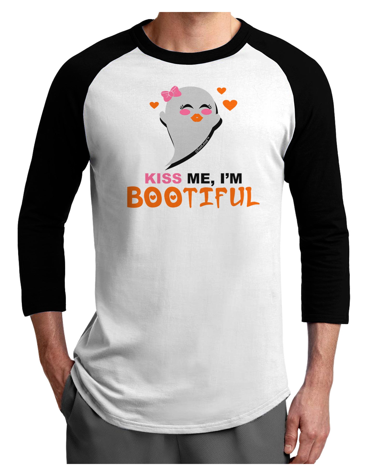 Kiss Me BOOtiful Ghost Orange Adult Raglan Shirt-Raglan Shirt-TooLoud-White-Black-X-Small-Davson Sales