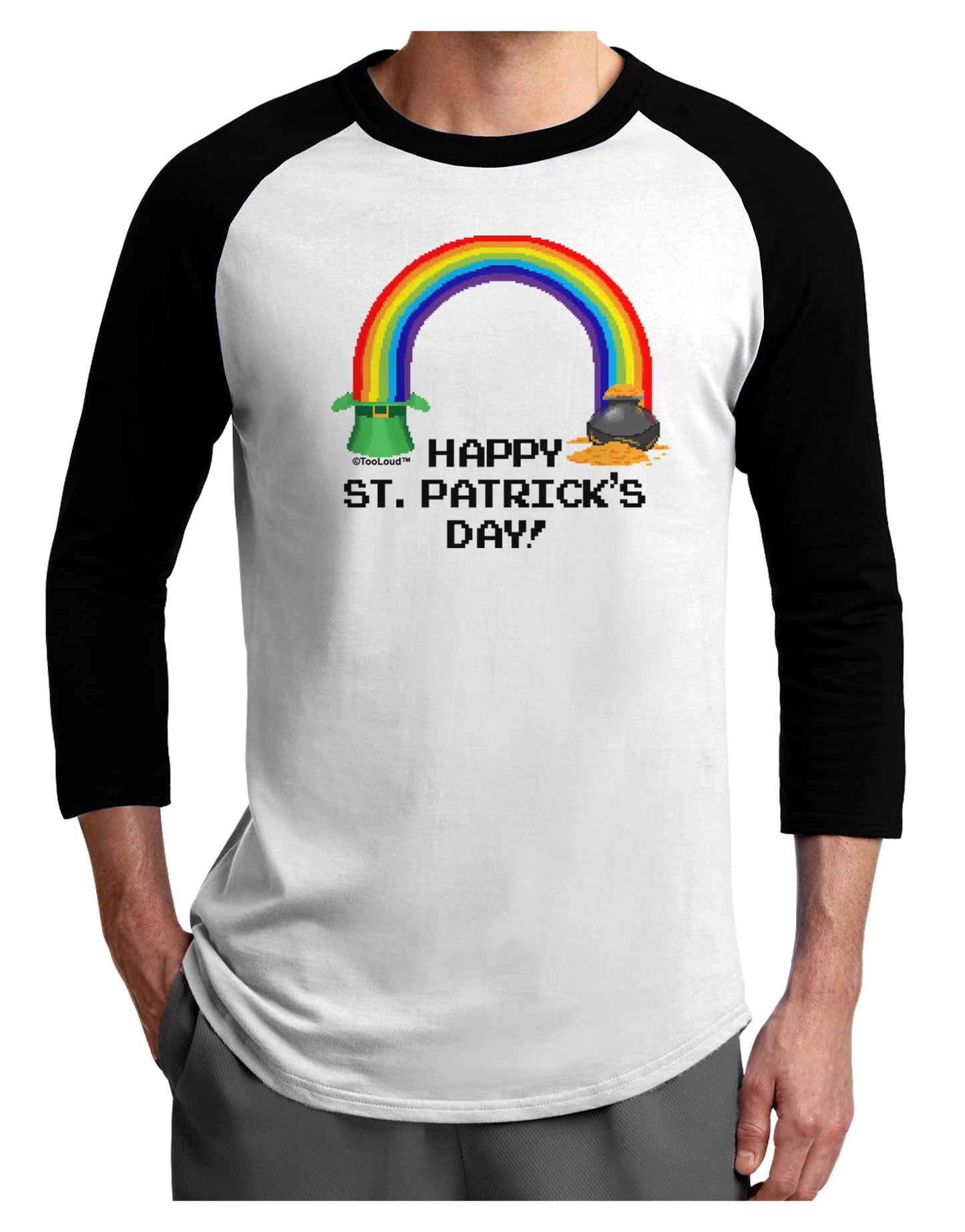Pixel Pot of Gold St Patrick Text Adult Raglan Shirt-TooLoud-White-Black-X-Small-Davson Sales