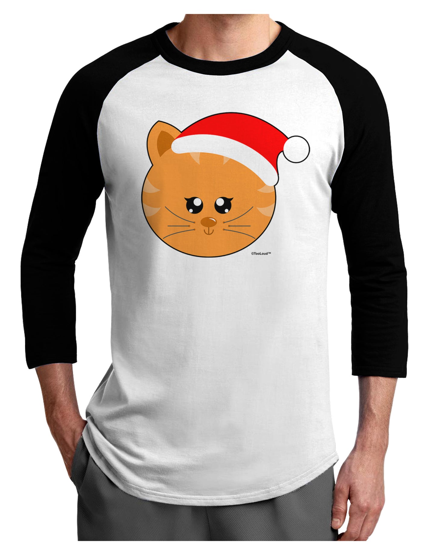 Cute Christmas Cat Santa Hat Adult Raglan Shirt-TooLoud-White-Black-X-Small-Davson Sales