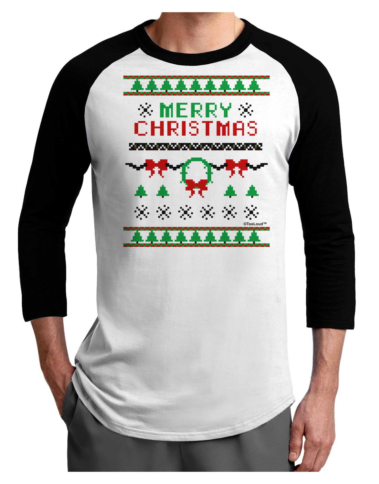 Merry Christmas Ugly Christmas Sweater Adult Raglan Shirt-Raglan Shirt-TooLoud-White-Black-X-Small-Davson Sales
