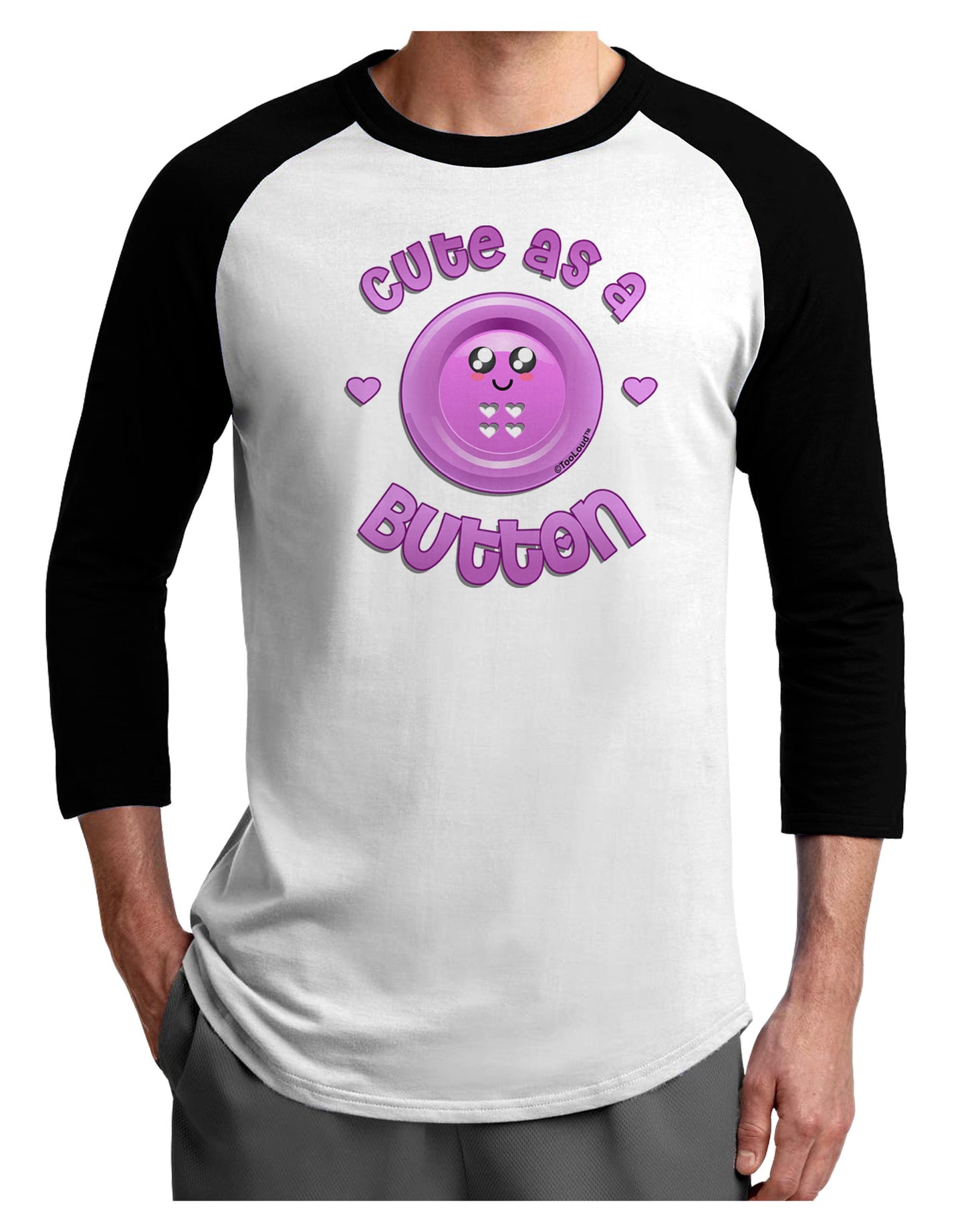 Cute As A Button Smiley Face Adult Raglan Shirt-TooLoud-White-Black-X-Small-Davson Sales