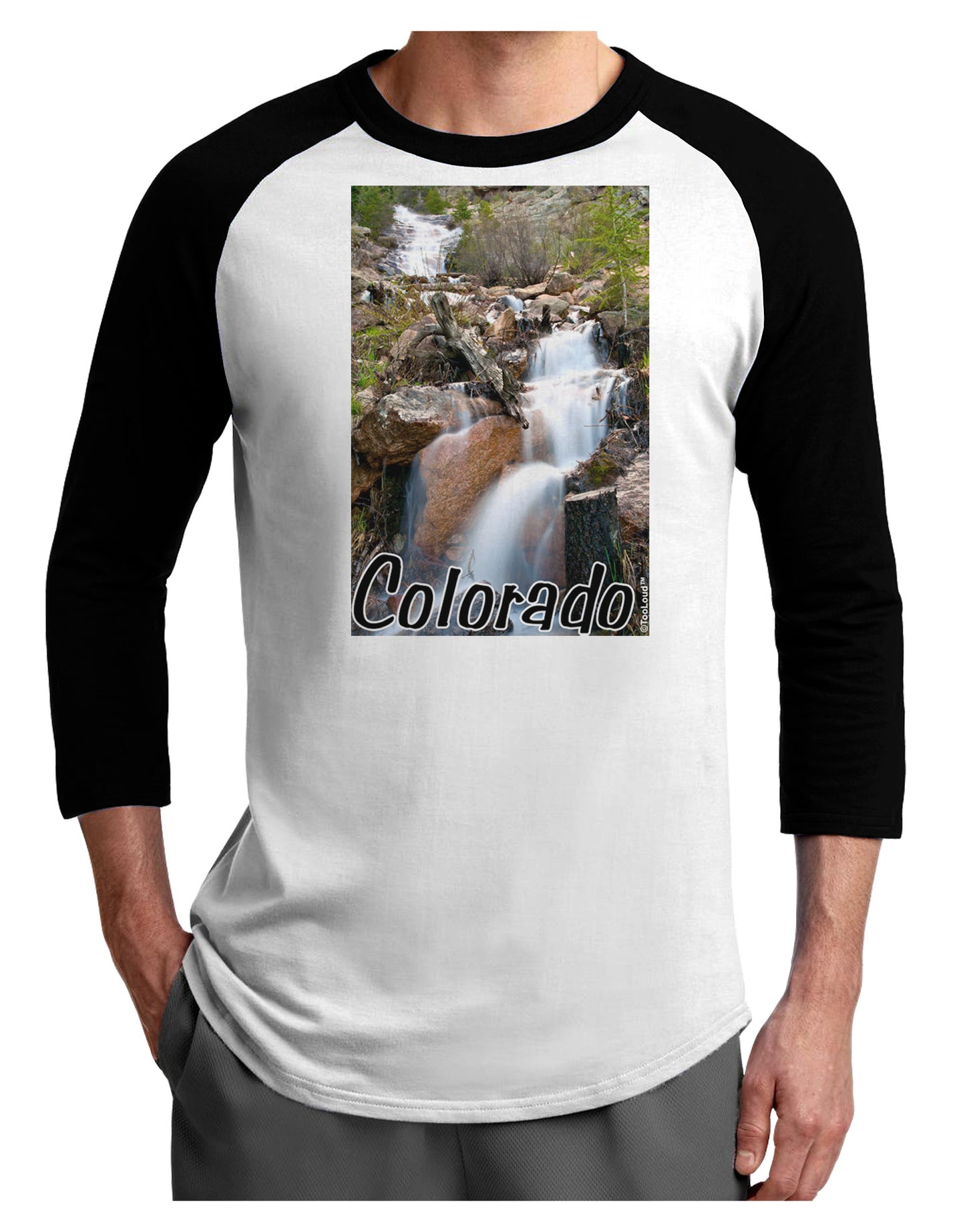 Colorado Waterfall Scene Text Adult Raglan Shirt-TooLoud-White-Black-X-Small-Davson Sales