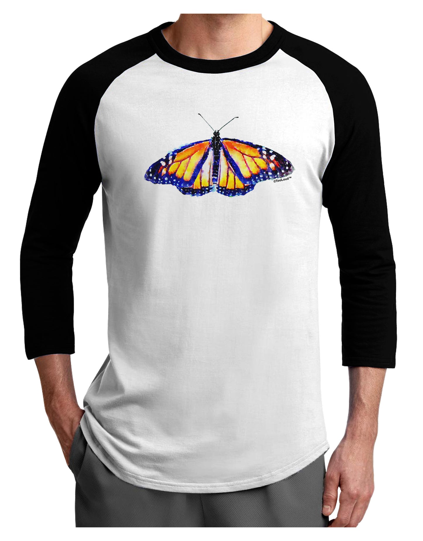TooLoud Watercolor Monarch Butterfly Adult Raglan Shirt-TooLoud-White-Black-X-Small-Davson Sales