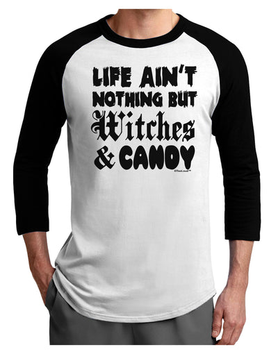 Witches and Candy Adult Raglan Shirt-TooLoud-White-Black-X-Small-Davson Sales