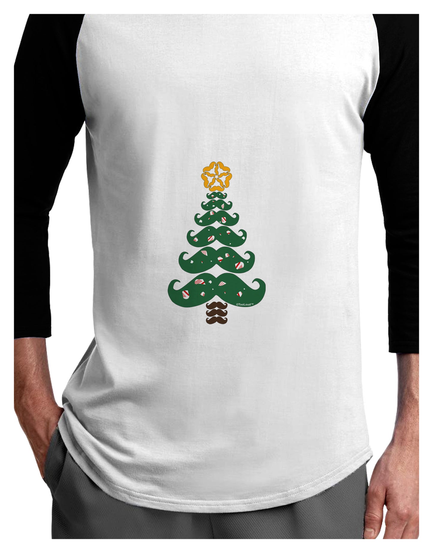 Mustache Christmas Tree Adult Raglan Shirt-TooLoud-White-Black-X-Small-Davson Sales