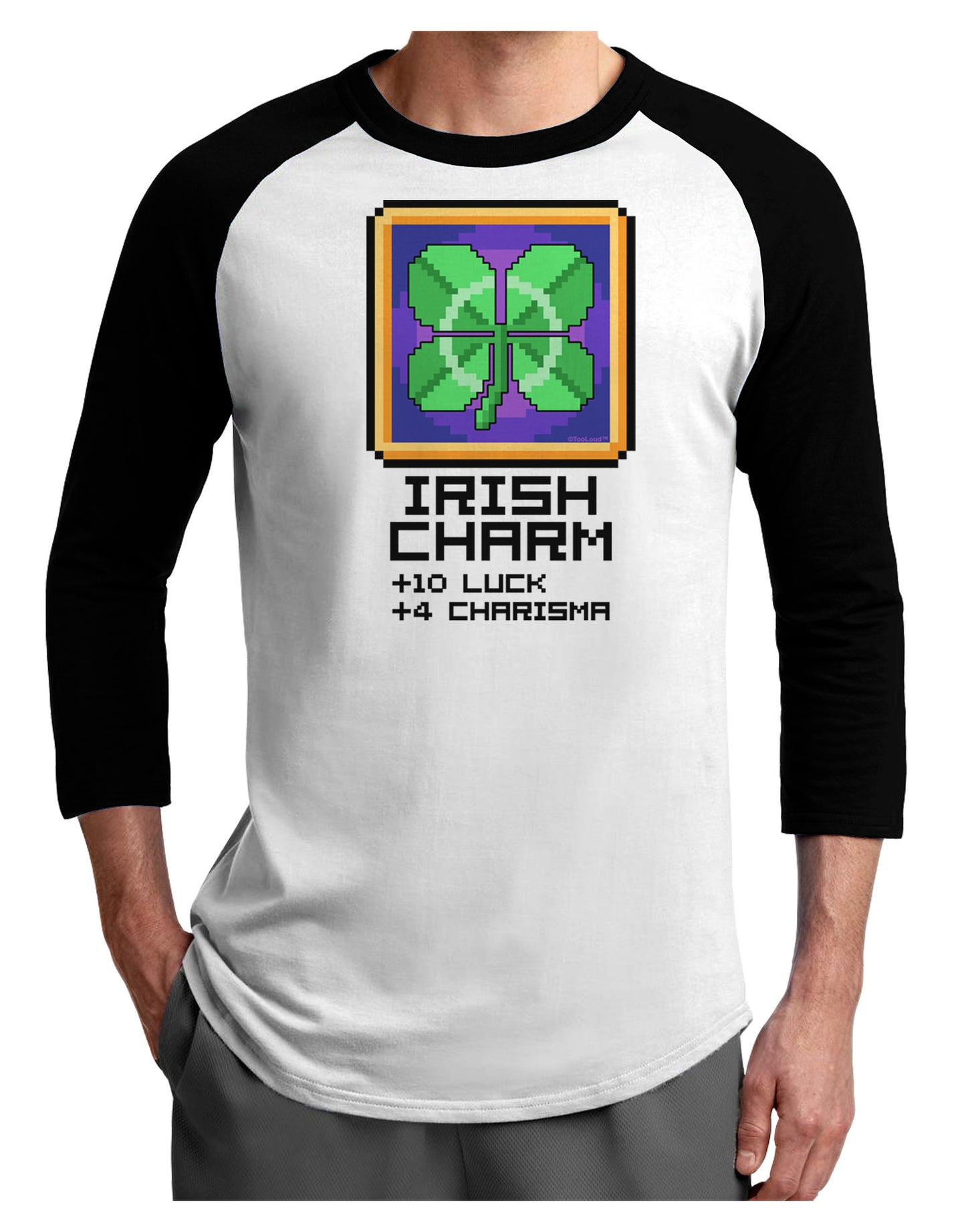 Pixel Irish Charm Item Adult Raglan Shirt-TooLoud-White-Black-X-Small-Davson Sales