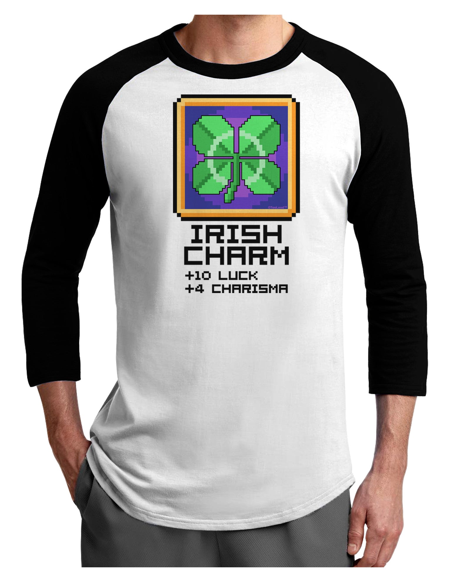 Pixel Irish Charm Item Adult Raglan Shirt-TooLoud-White-Black-X-Small-Davson Sales