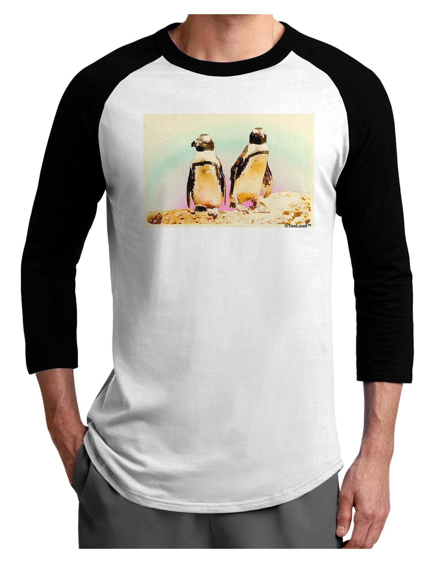 Magellanic Penguin Watercolor Adult Raglan Shirt-TooLoud-White-Black-X-Small-Davson Sales