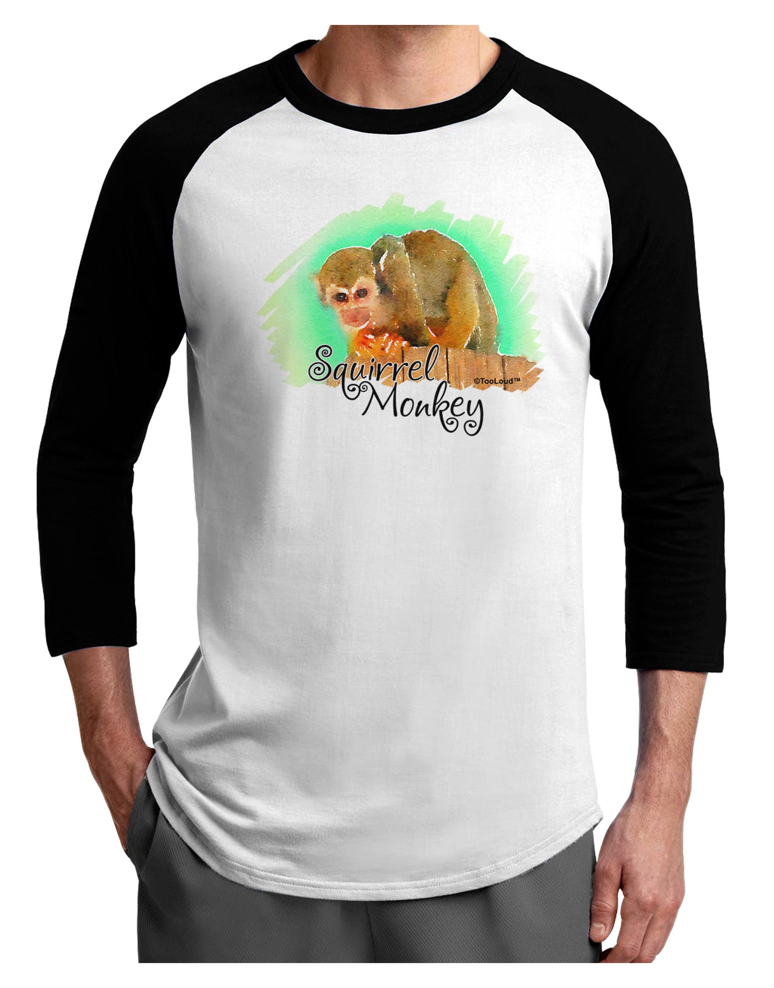 Squirrel Monkey Watercolor Text Adult Raglan Shirt-TooLoud-White-Black-X-Small-Davson Sales