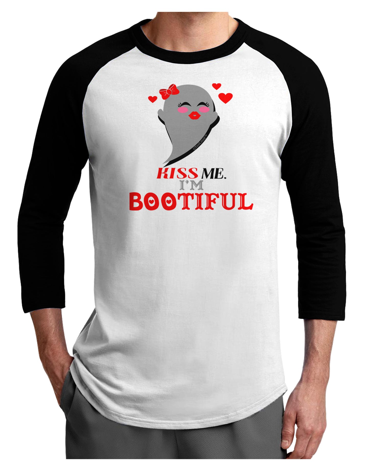 Kiss Me BOOtiful Ghost Red Adult Raglan Shirt-Raglan Shirt-TooLoud-White-Black-X-Small-Davson Sales