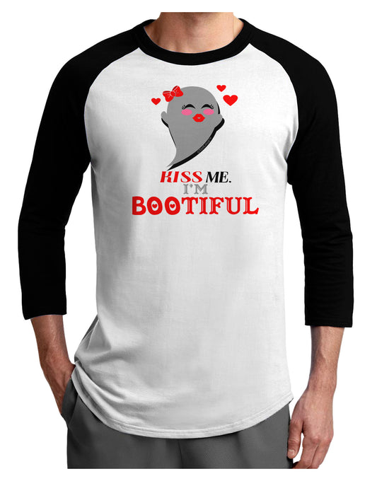 Kiss Me BOOtiful Ghost Red Adult Raglan Shirt-Raglan Shirt-TooLoud-White-Black-X-Small-Davson Sales