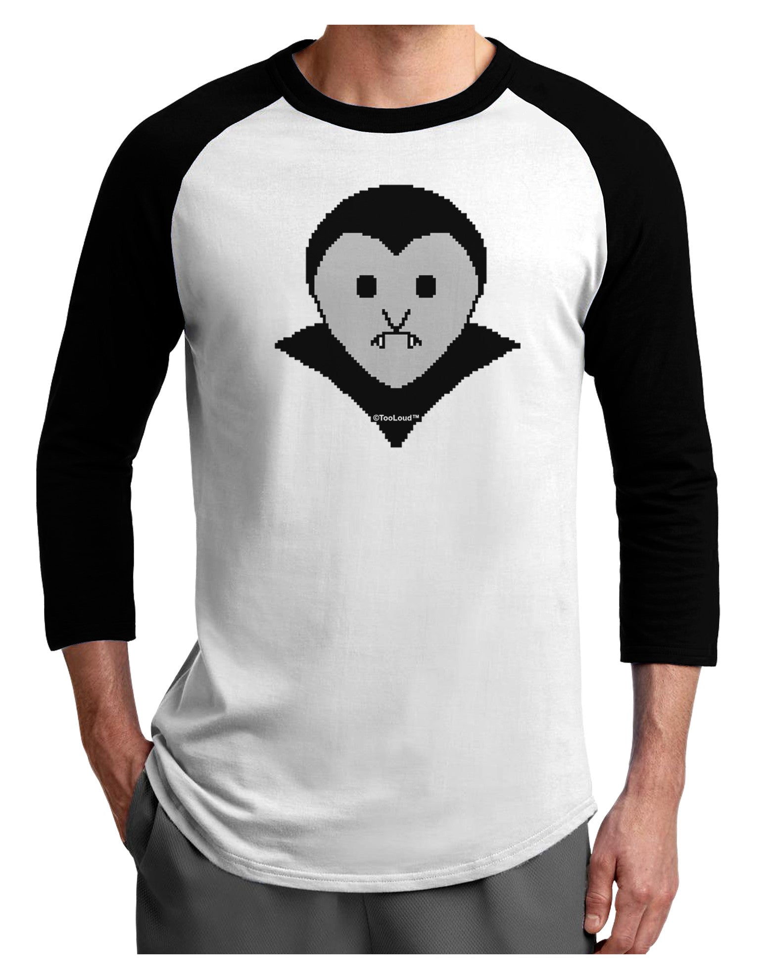 Cute Pixel Vampire Male Adult Raglan Shirt-TooLoud-White-Black-X-Small-Davson Sales