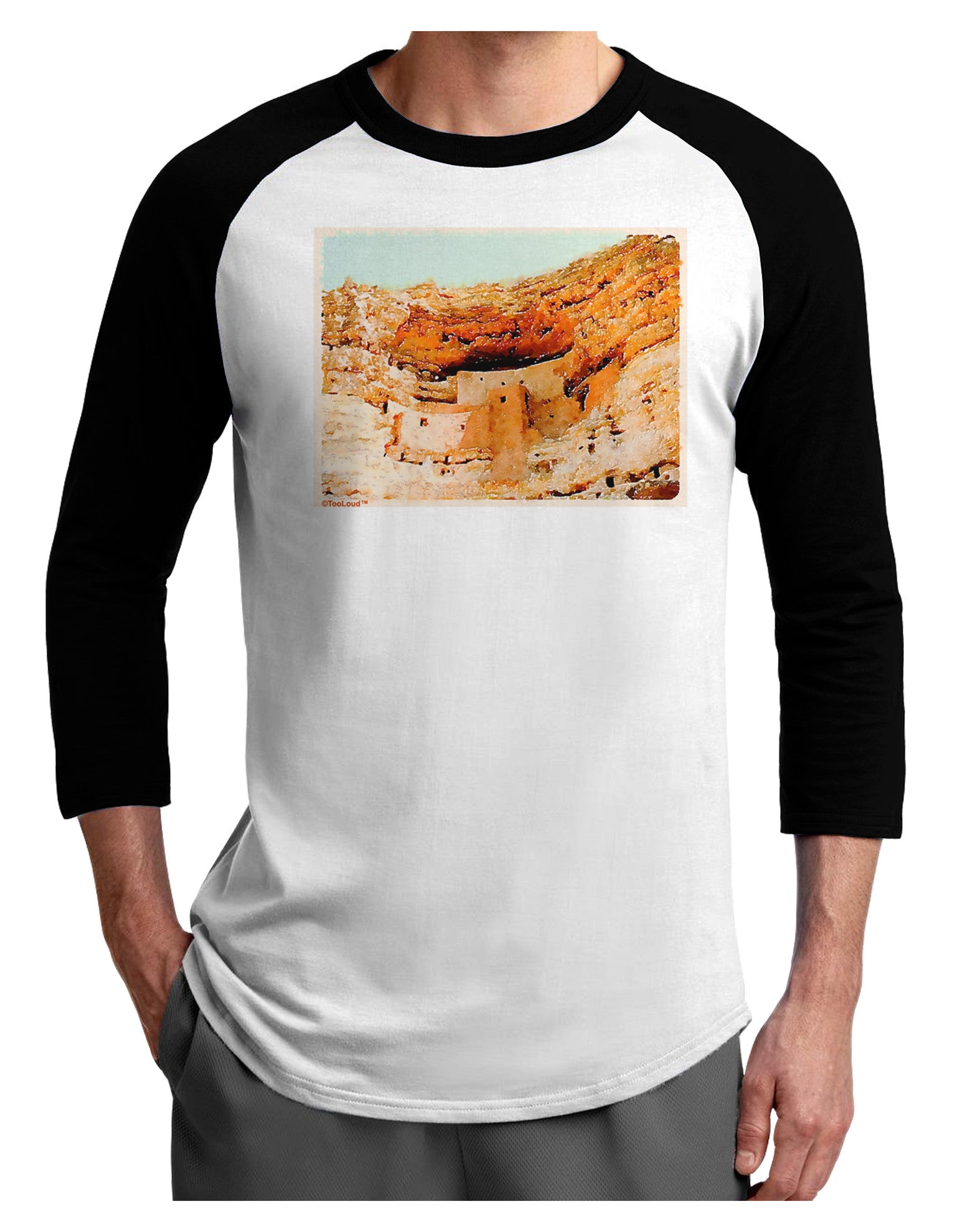 Montezuma Castle Watercolor Adult Raglan Shirt-TooLoud-White-Black-X-Small-Davson Sales