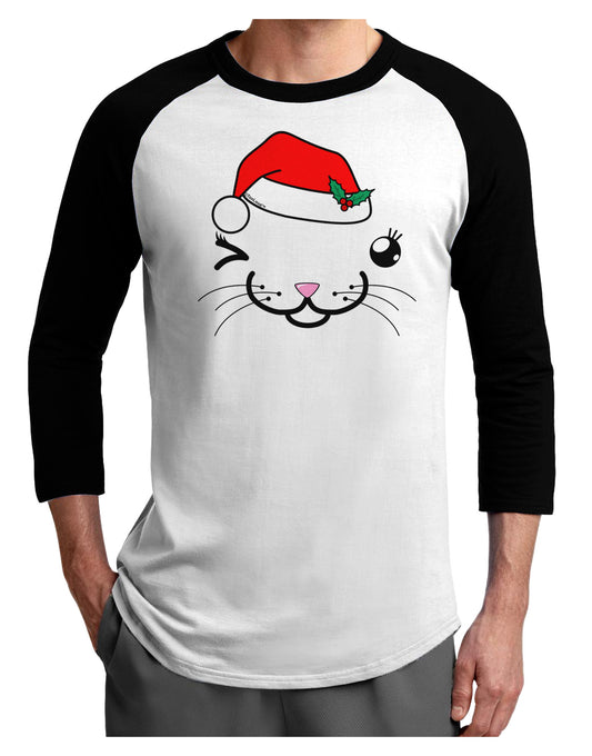 Kyu-T Face Kattia Santa Hat Girl Cat Adult Raglan Shirt-TooLoud-White-Black-X-Small-Davson Sales