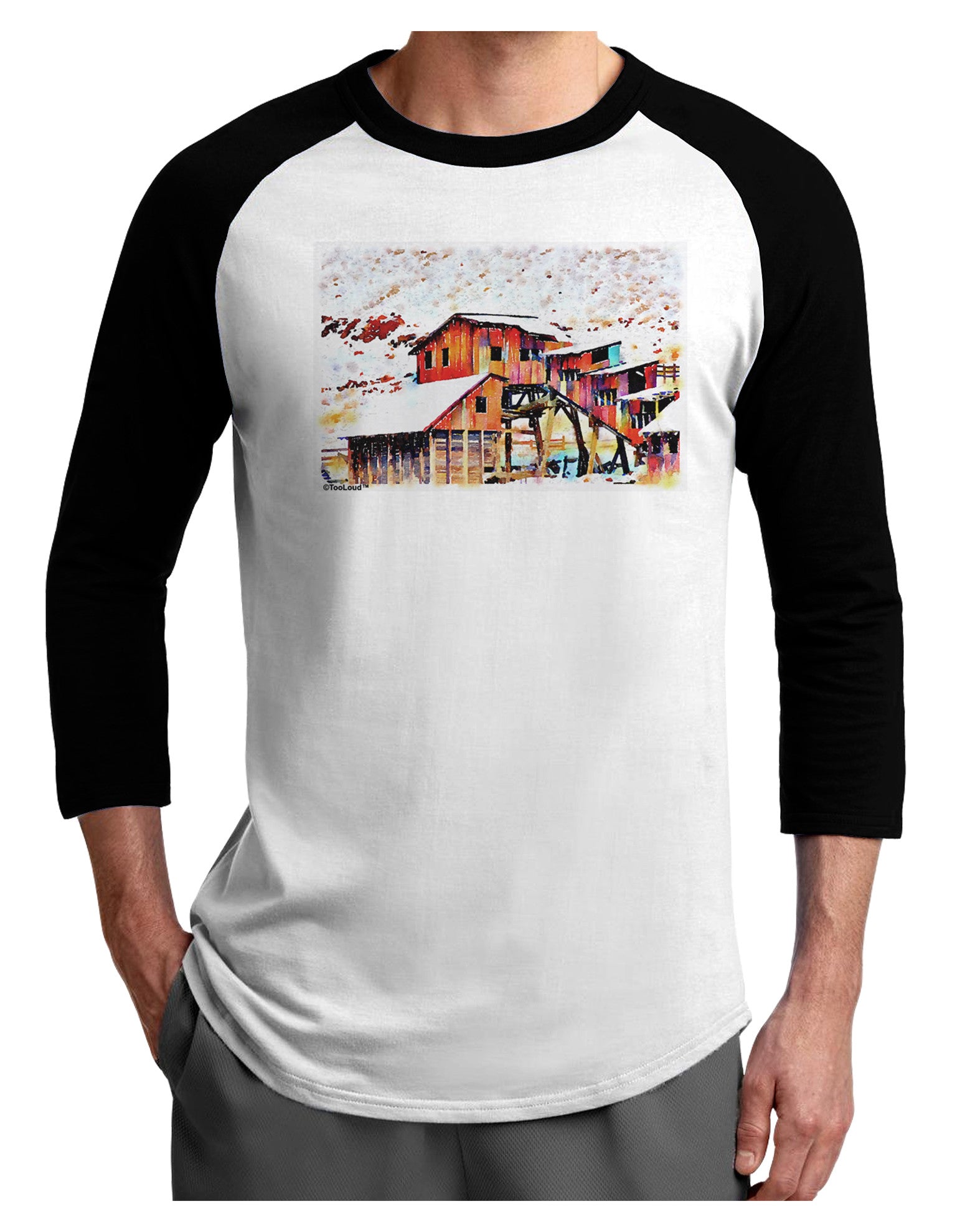 Mine Scene Colorado Watercolor Adult Raglan Shirt-TooLoud-White-Black-X-Small-Davson Sales