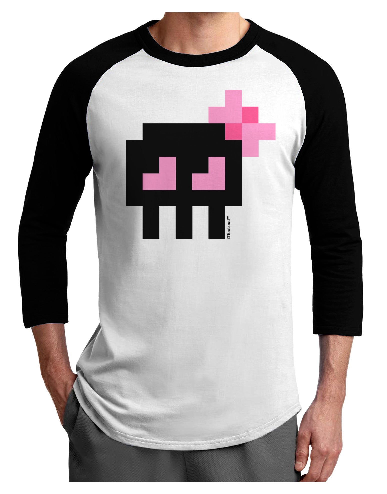 Retro 8-Bit Skull with Pink Bow Adult Raglan Shirt-TooLoud-White-Black-X-Small-Davson Sales