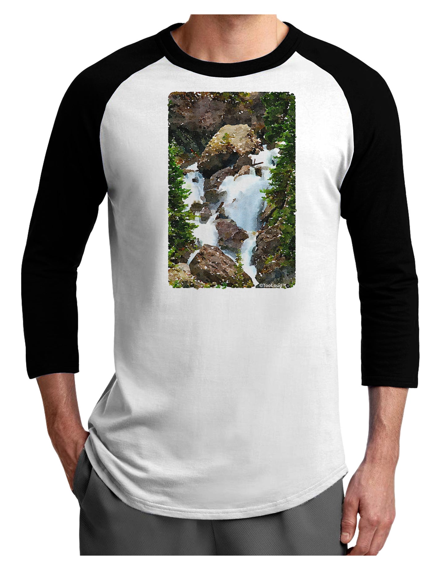 TooLoud Waterfall Watercolor Adult Raglan Shirt-TooLoud-White-Black-X-Small-Davson Sales