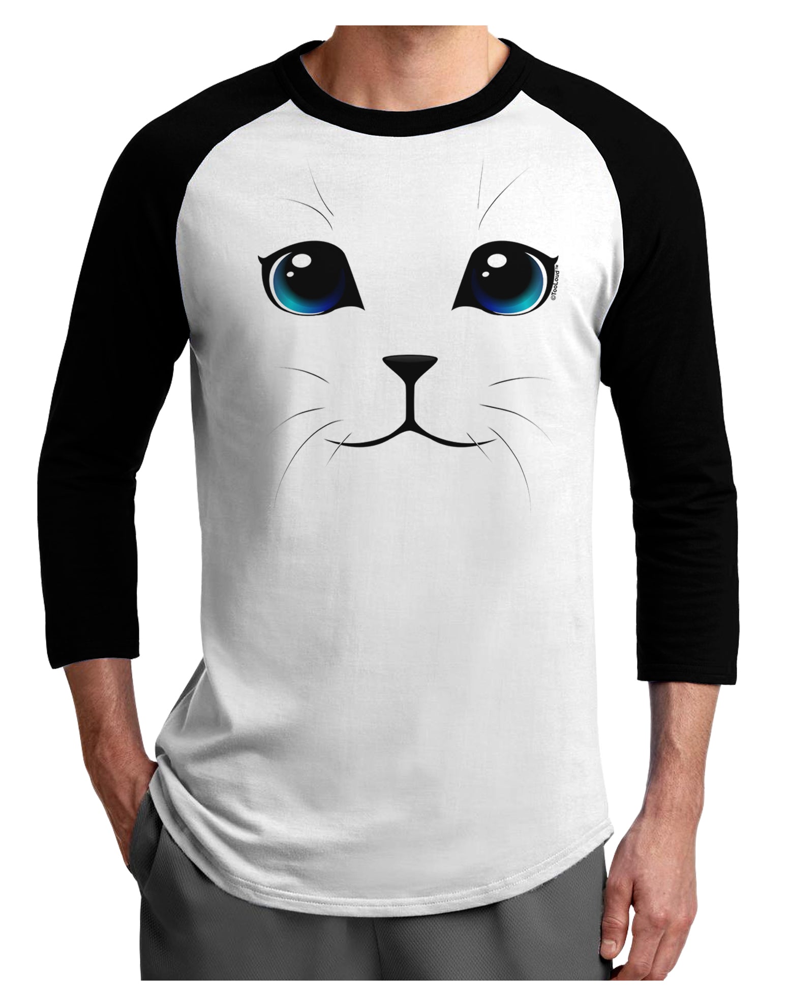 Blue-Eyed Cute Cat Face Adult Raglan Shirt-TooLoud-White-Black-X-Small-Davson Sales