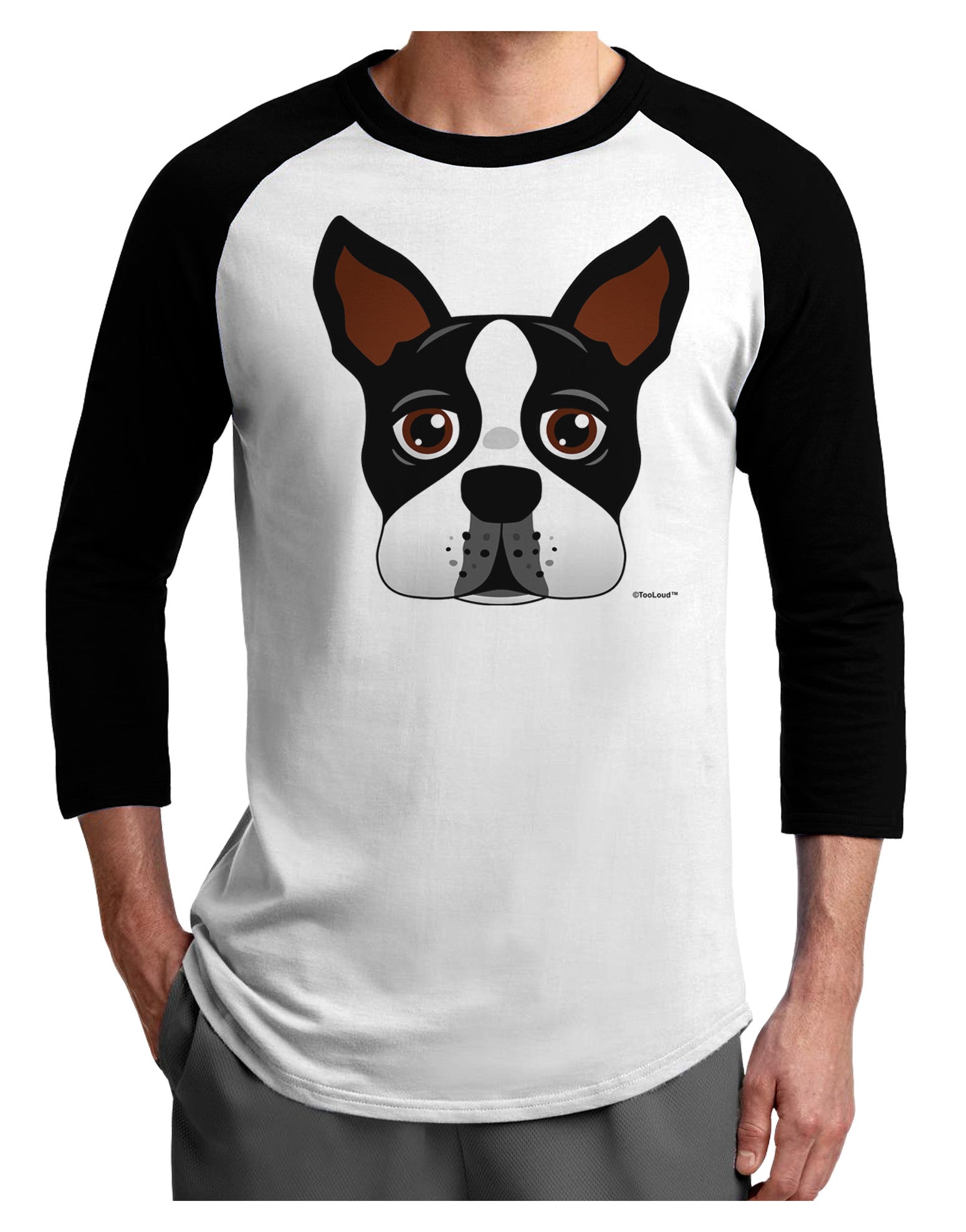 Cute Boston Terrier Dog Face Adult Raglan Shirt-TooLoud-White-Black-X-Small-Davson Sales