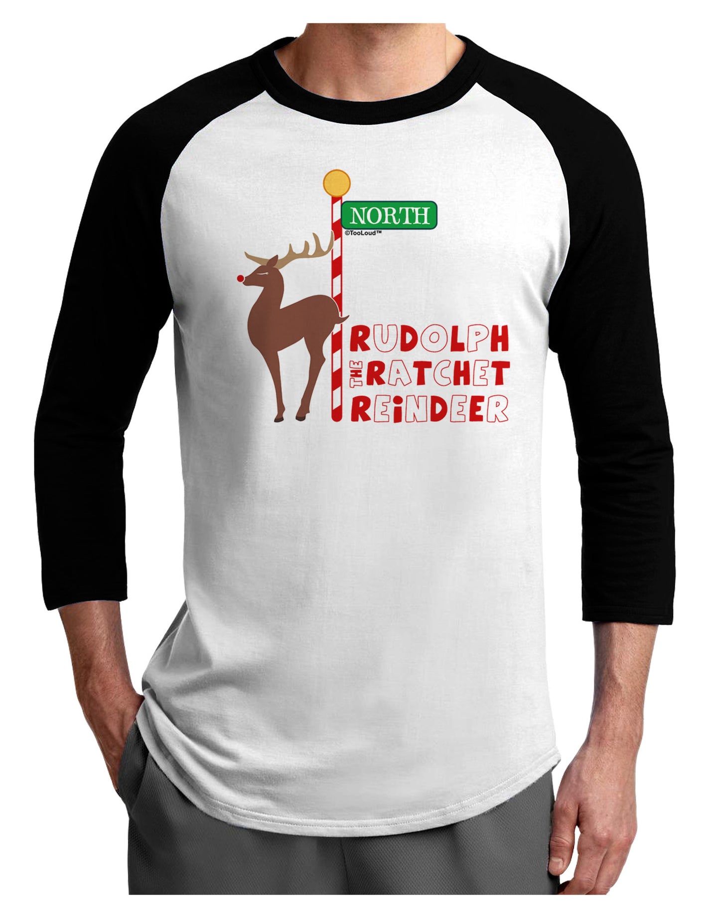 Rudolf Ratchet Reindeer Color Text Adult Raglan Shirt-TooLoud-White-Black-X-Small-Davson Sales