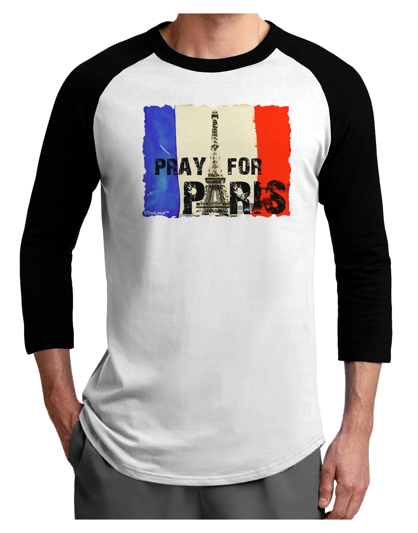 Pray For Paris Watercolor Adult Raglan Shirt-Raglan Shirt-TooLoud-White-Black-X-Small-Davson Sales