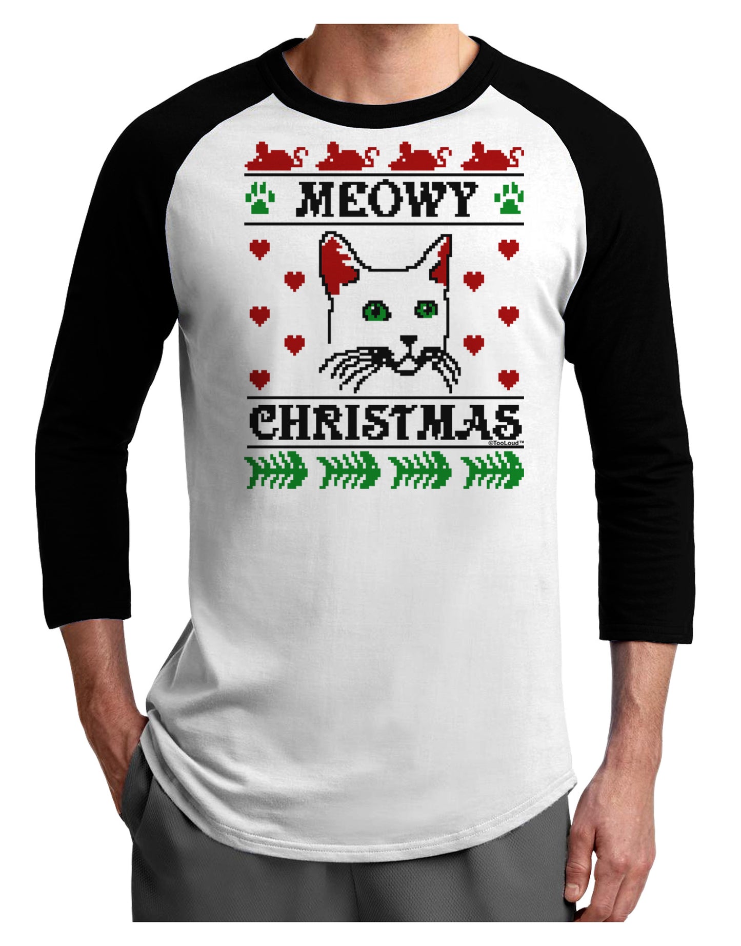 Meowy Christmas Cat Knit Look Adult Raglan Shirt by-Raglan Shirt-TooLoud-White-Black-X-Small-Davson Sales