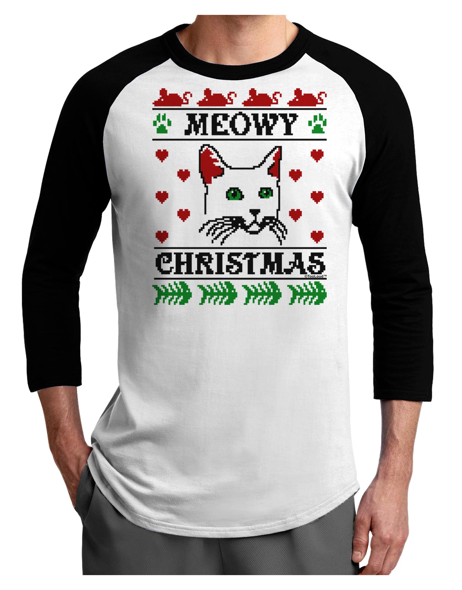 Meowy Christmas Cat Knit Look Adult Raglan Shirt by-Raglan Shirt-TooLoud-White-Black-X-Small-Davson Sales