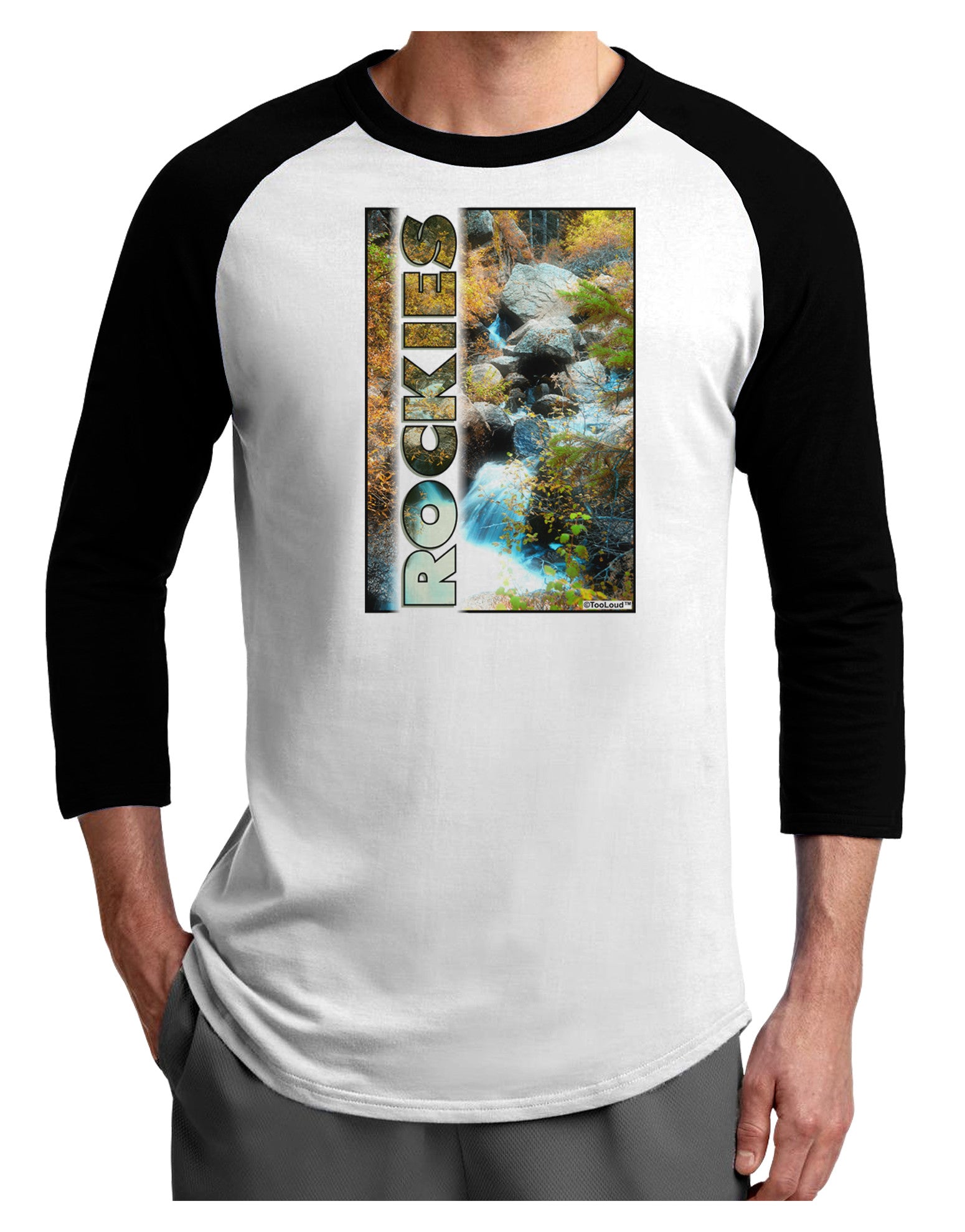 Rockies Waterfall with Text Adult Raglan Shirt-Raglan Shirt-TooLoud-White-Black-X-Small-Davson Sales
