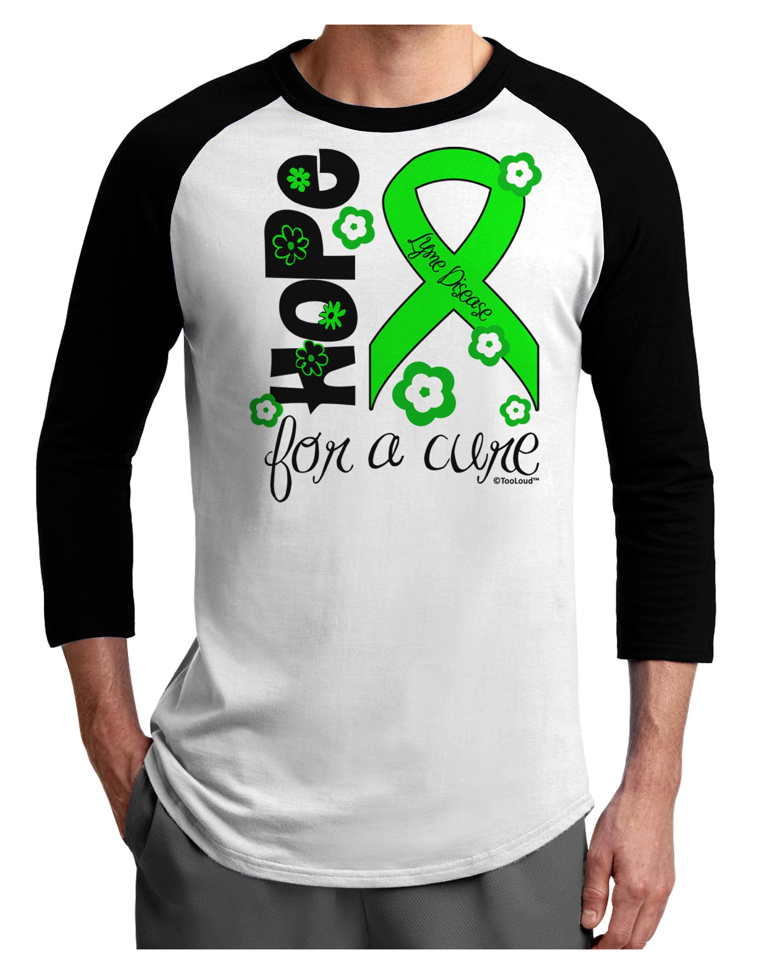 Hope for a Cure - Lime Green Ribbon Lyme Disease - Flowers Adult Raglan Shirt-TooLoud-White-Black-X-Small-Davson Sales