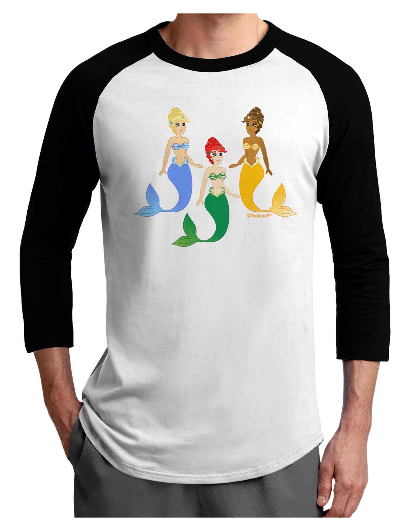 Three Mermaids Adult Raglan Shirt-TooLoud-White-Black-X-Small-Davson Sales