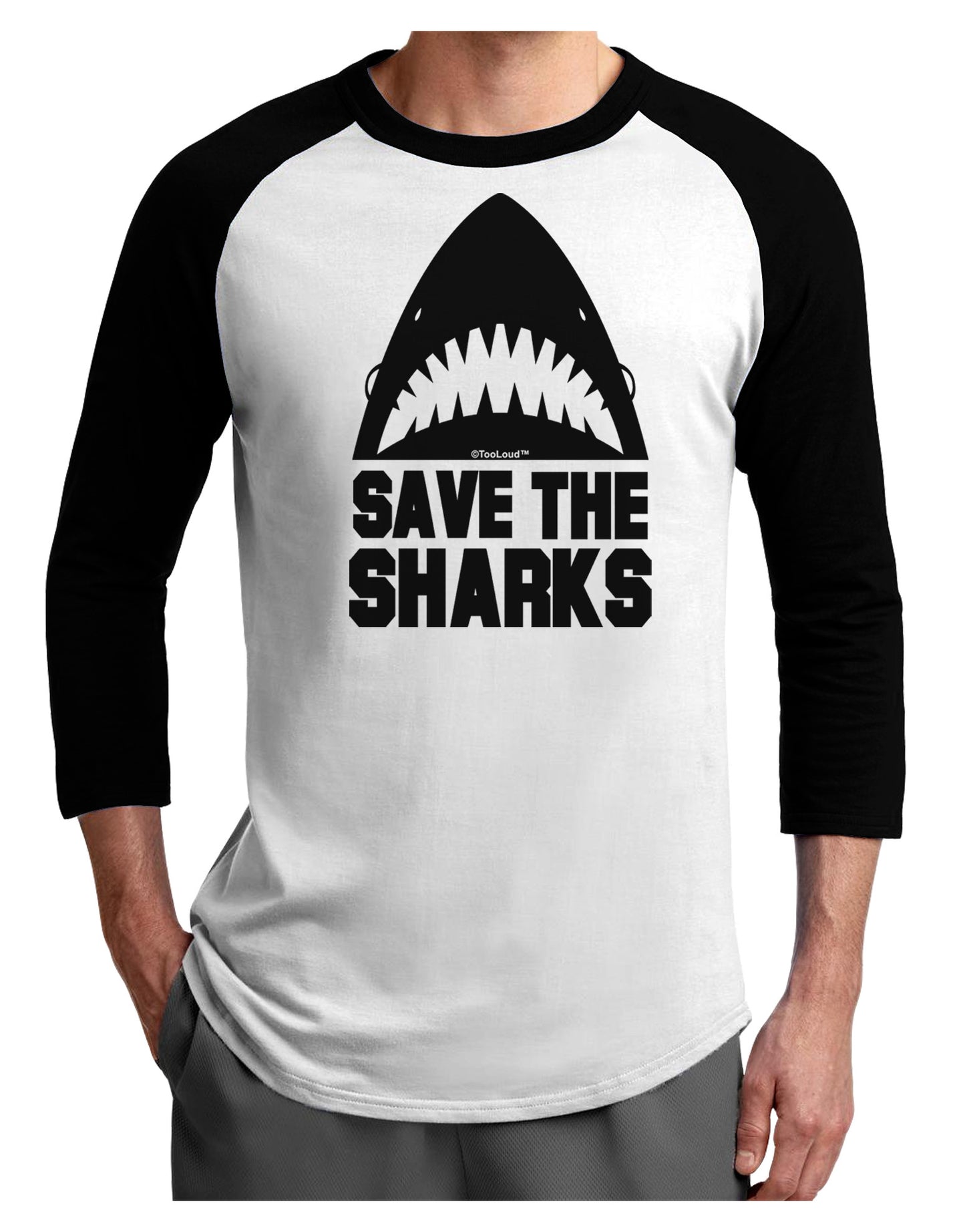 Save The Sharks Adult Raglan Shirt-TooLoud-White-Black-X-Small-Davson Sales