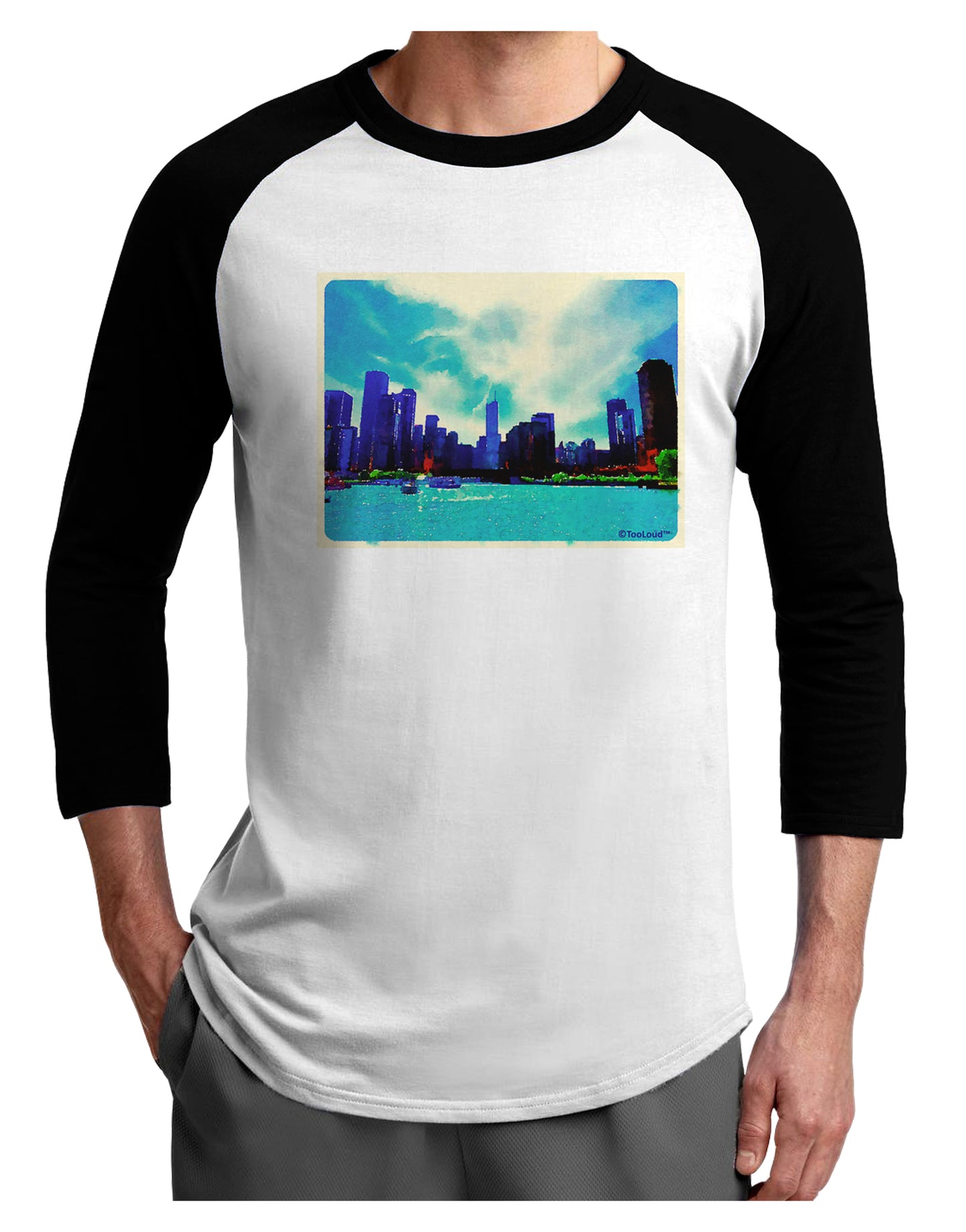 Chicago Skyline Watercolor Adult Raglan Shirt-TooLoud-White-Black-X-Small-Davson Sales