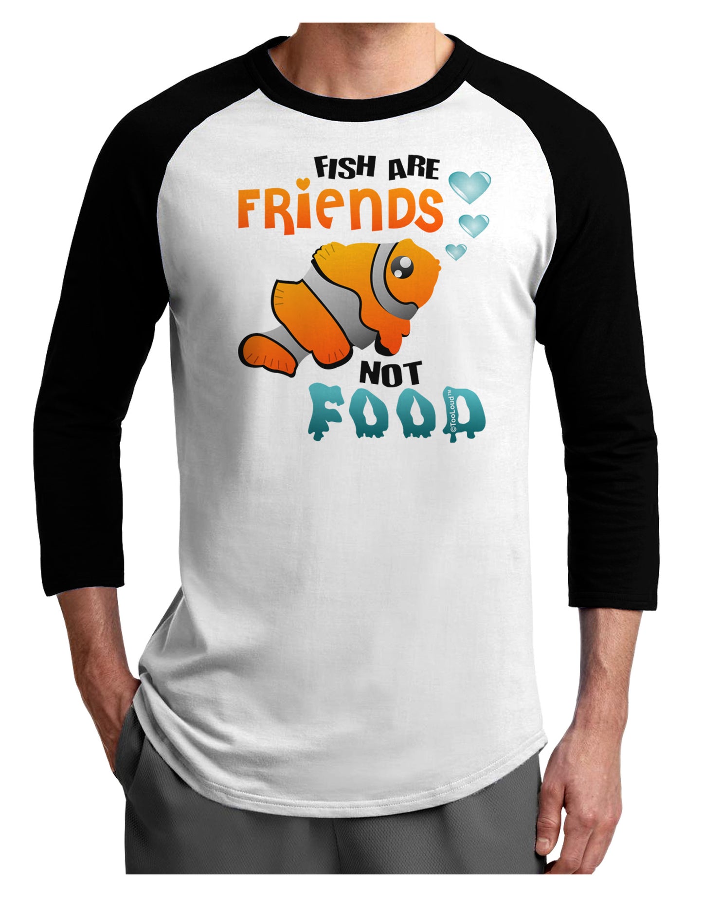 Fish Are Friends Not Food Adult Raglan Shirt-Raglan Shirt-TooLoud-White-Black-X-Small-Davson Sales