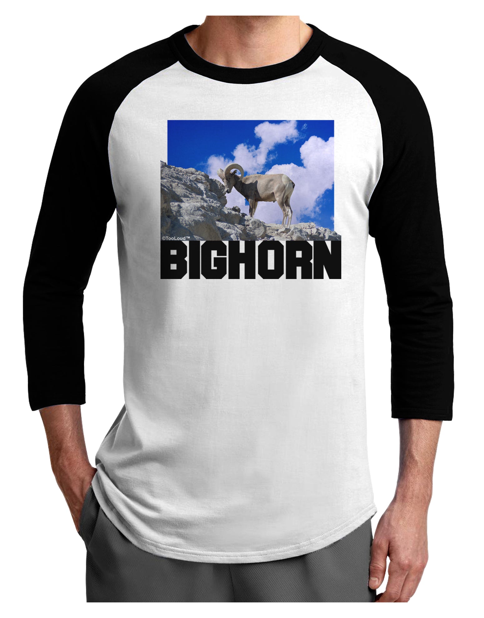 Bighorn Ram Text Adult Raglan Shirt-TooLoud-White-Black-X-Small-Davson Sales