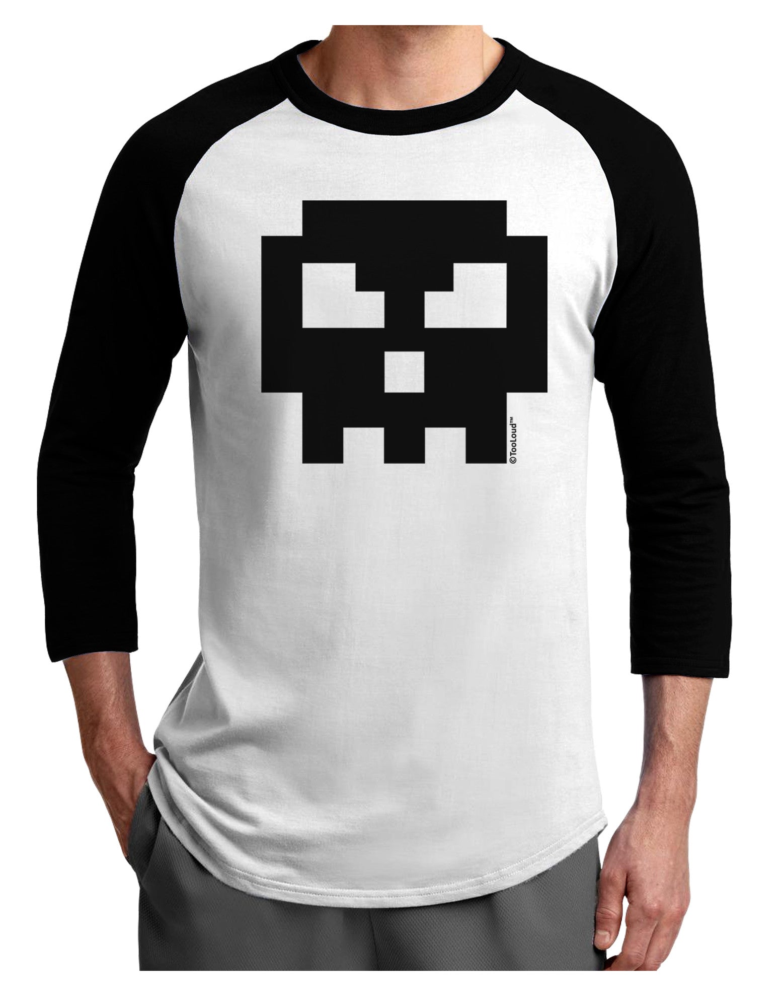 Retro 8-Bit Skull Adult Raglan Shirt-TooLoud-White-Black-X-Small-Davson Sales