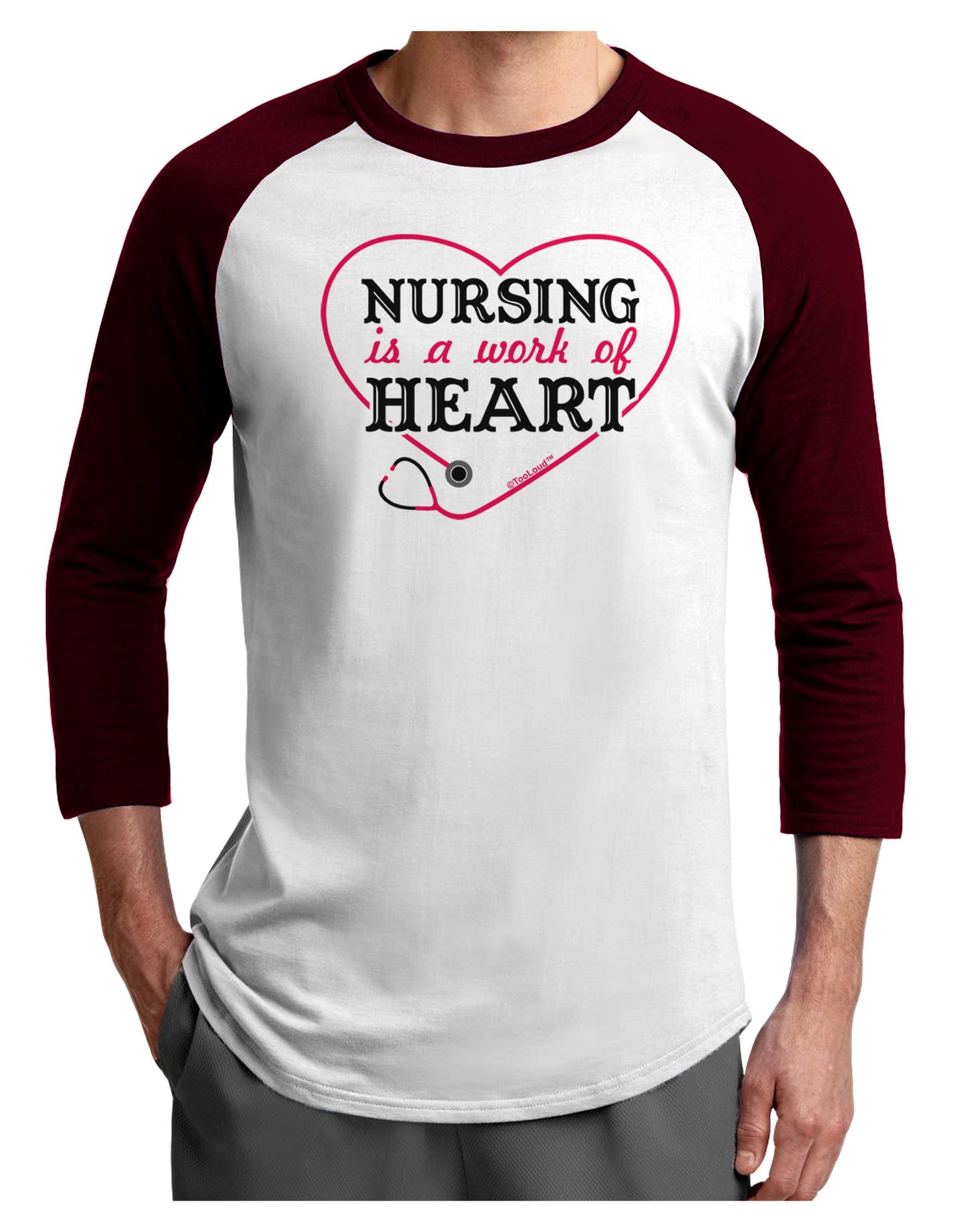 Nursing Is A Work Of Heart Adult Raglan Shirt-TooLoud-White-Cardinal-X-Small-Davson Sales