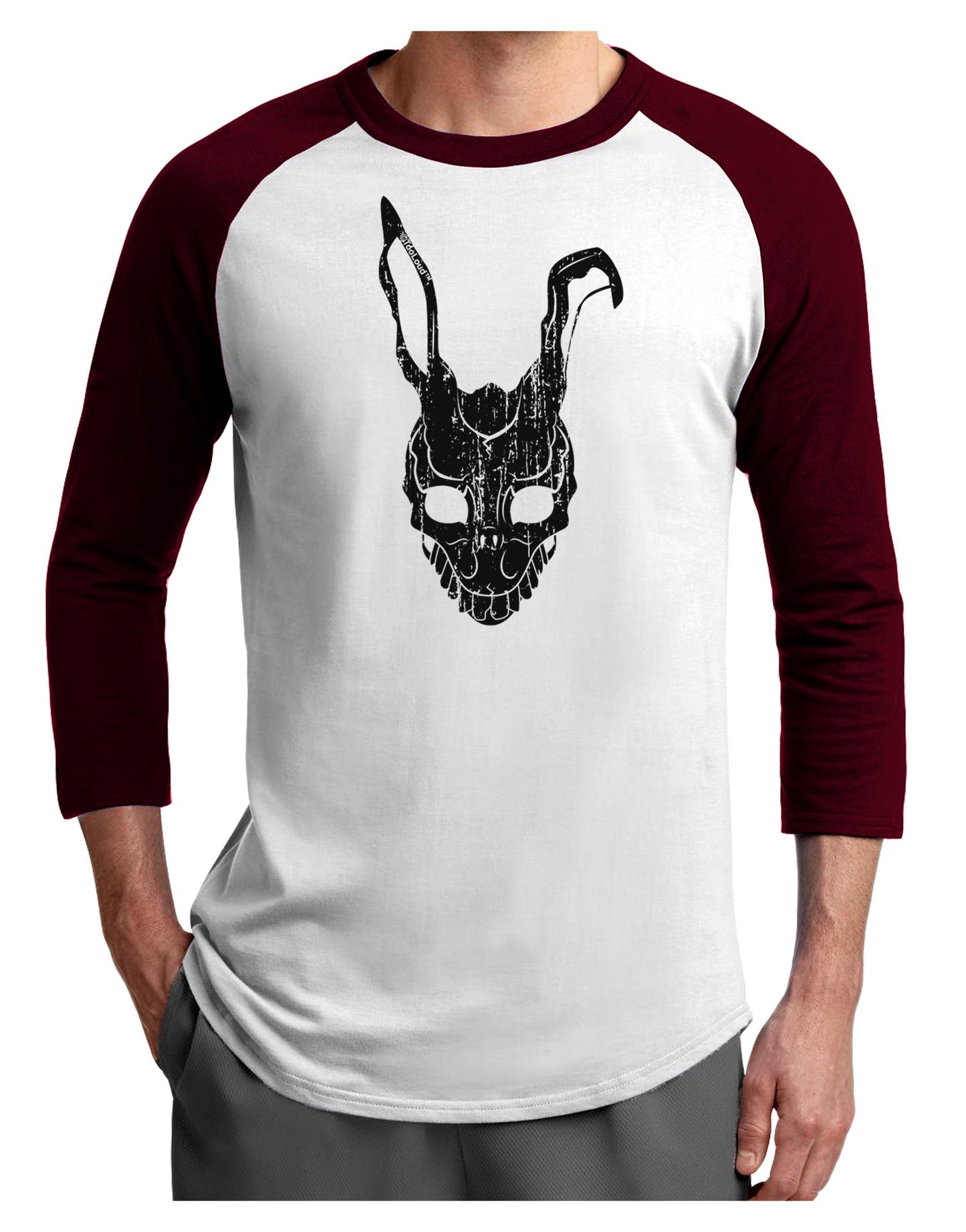 Scary Bunny Face Black Distressed Adult Raglan Shirt-TooLoud-White-Cardinal-X-Small-Davson Sales